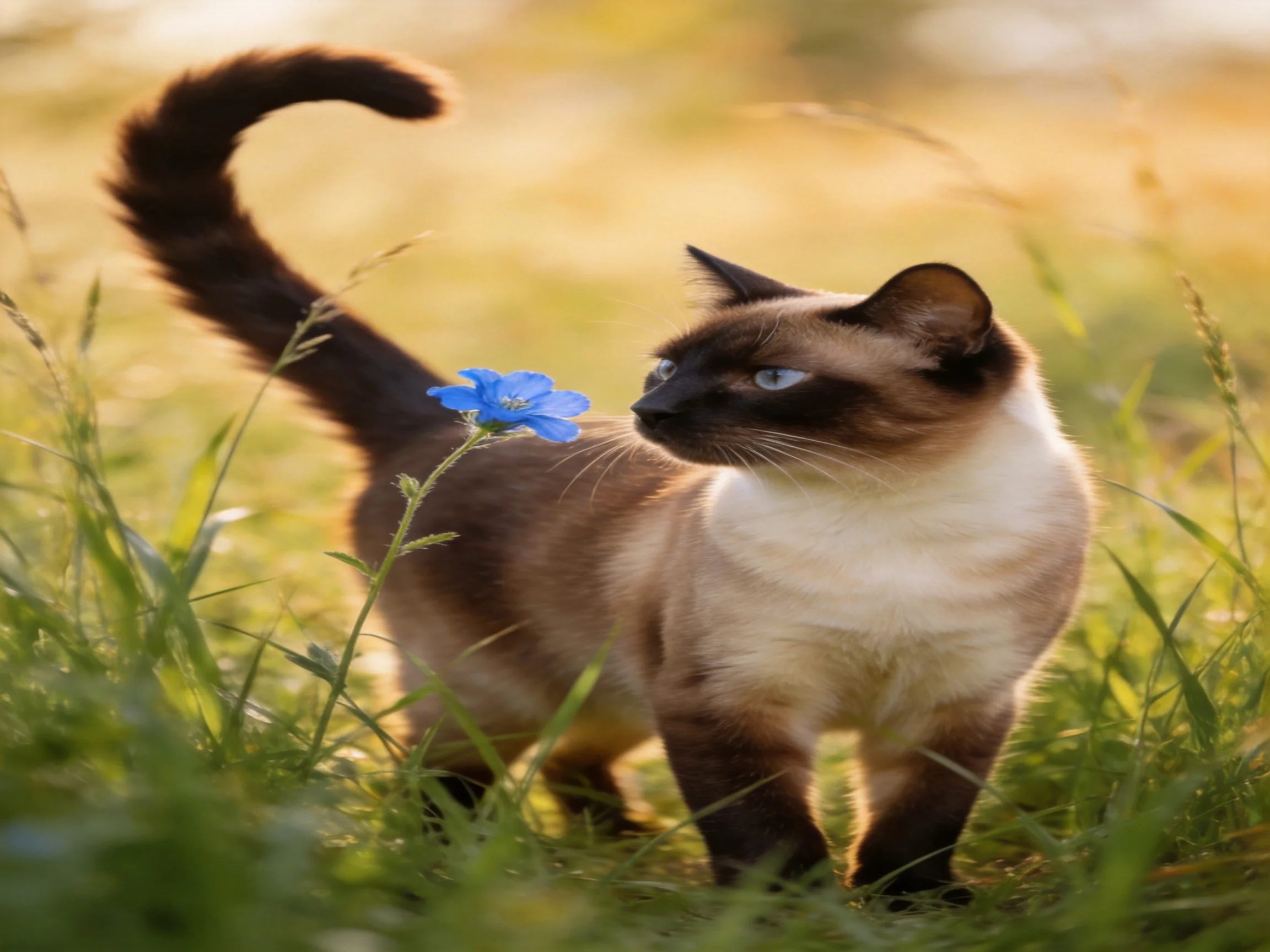 A Siamese cat explores tall green grass near a bright blue flower