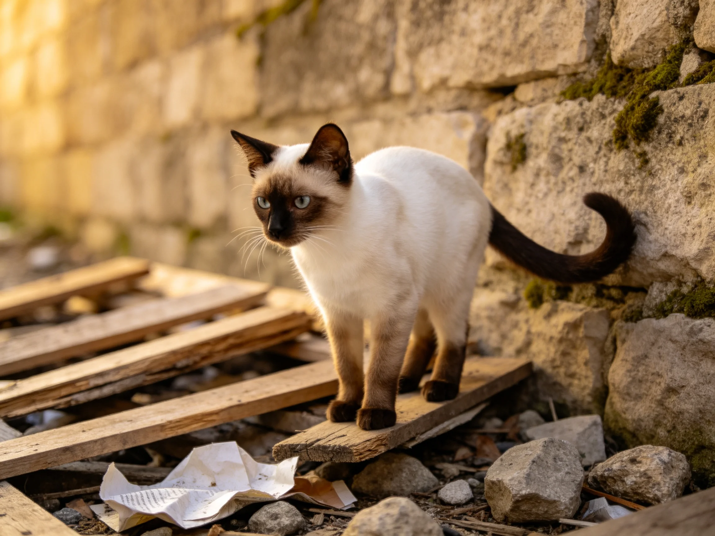 A Siamese cat with brown and white fur stands on old wooden planks near a stone wall
