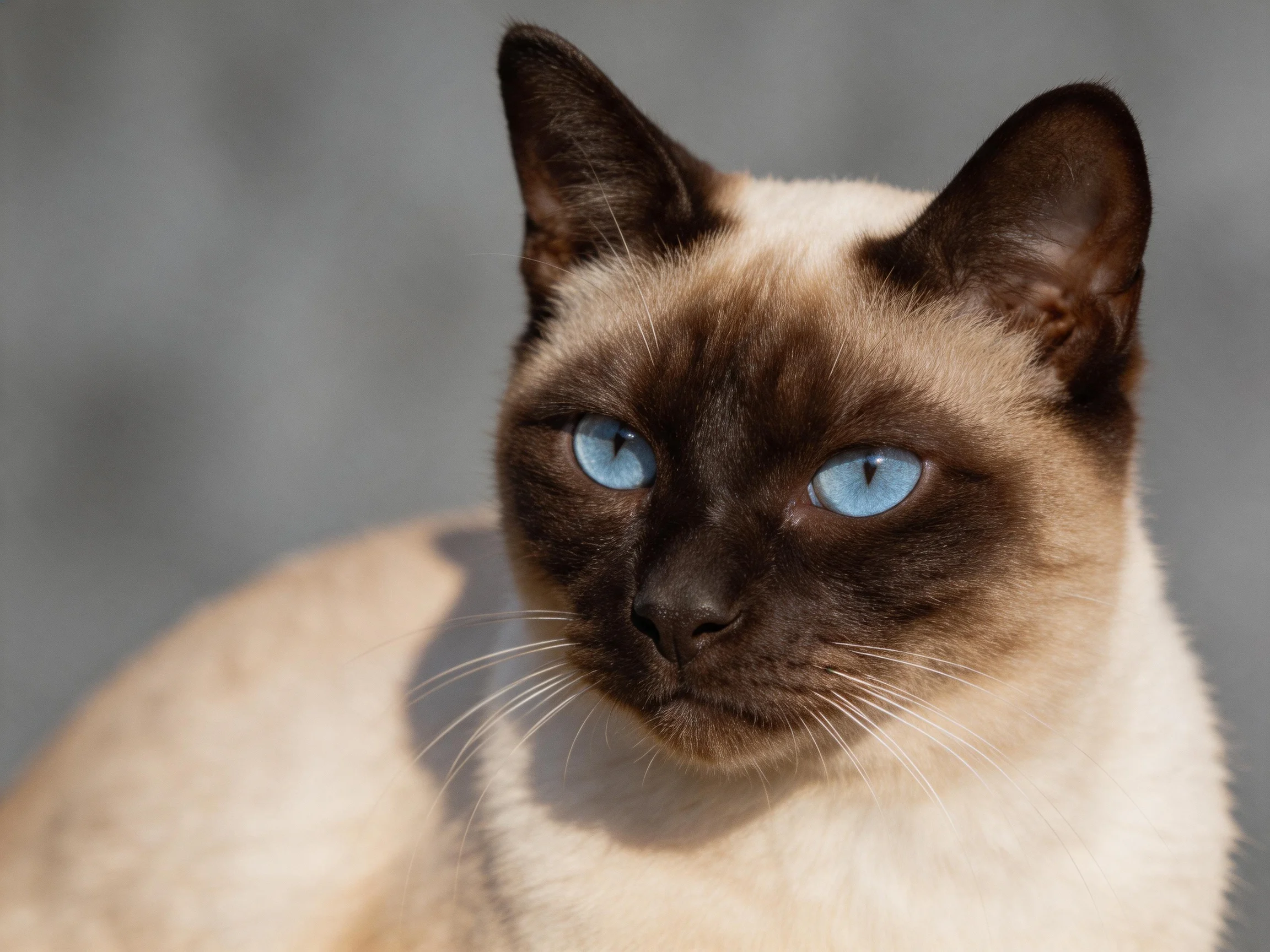 A Siamese cat with cream and dark brown fur, striking blue eyes