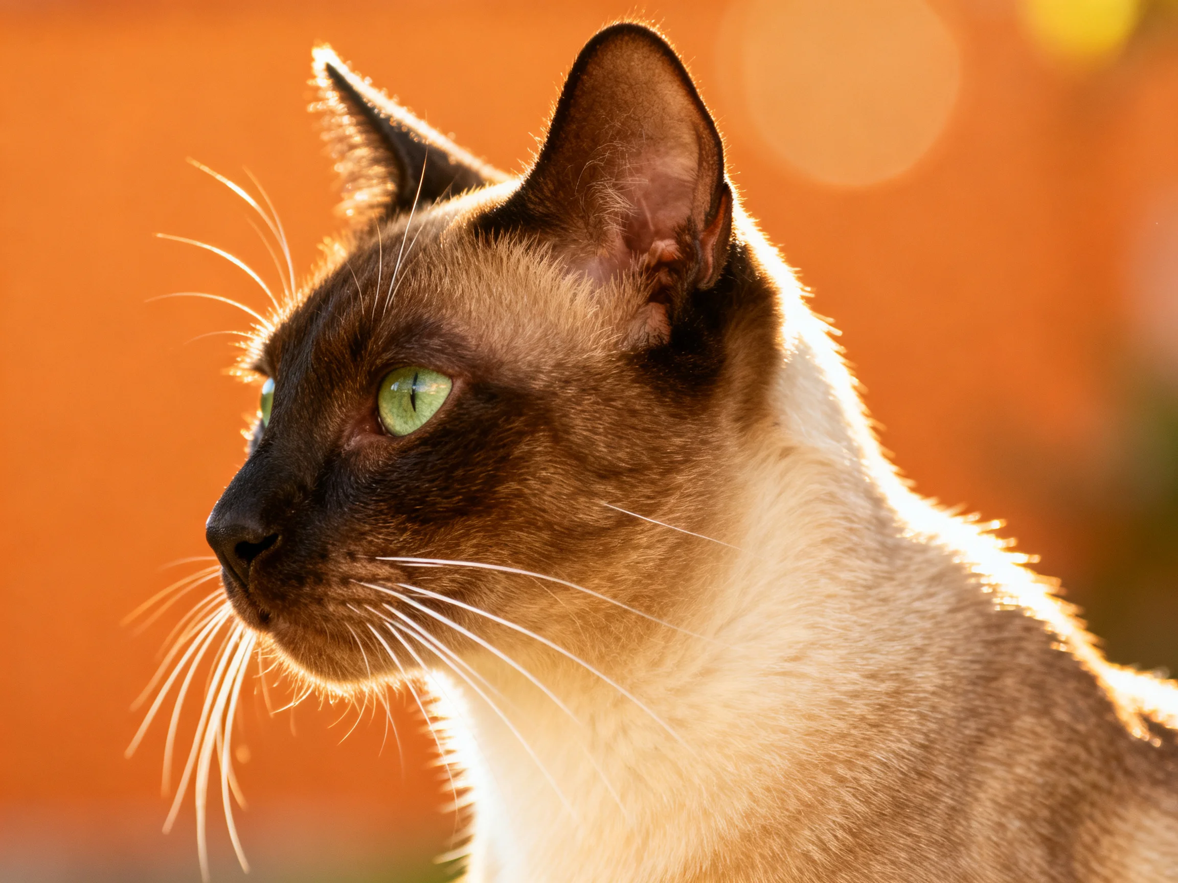 A Siamese cat with green eyes is shown in profile against an orange backdrop.