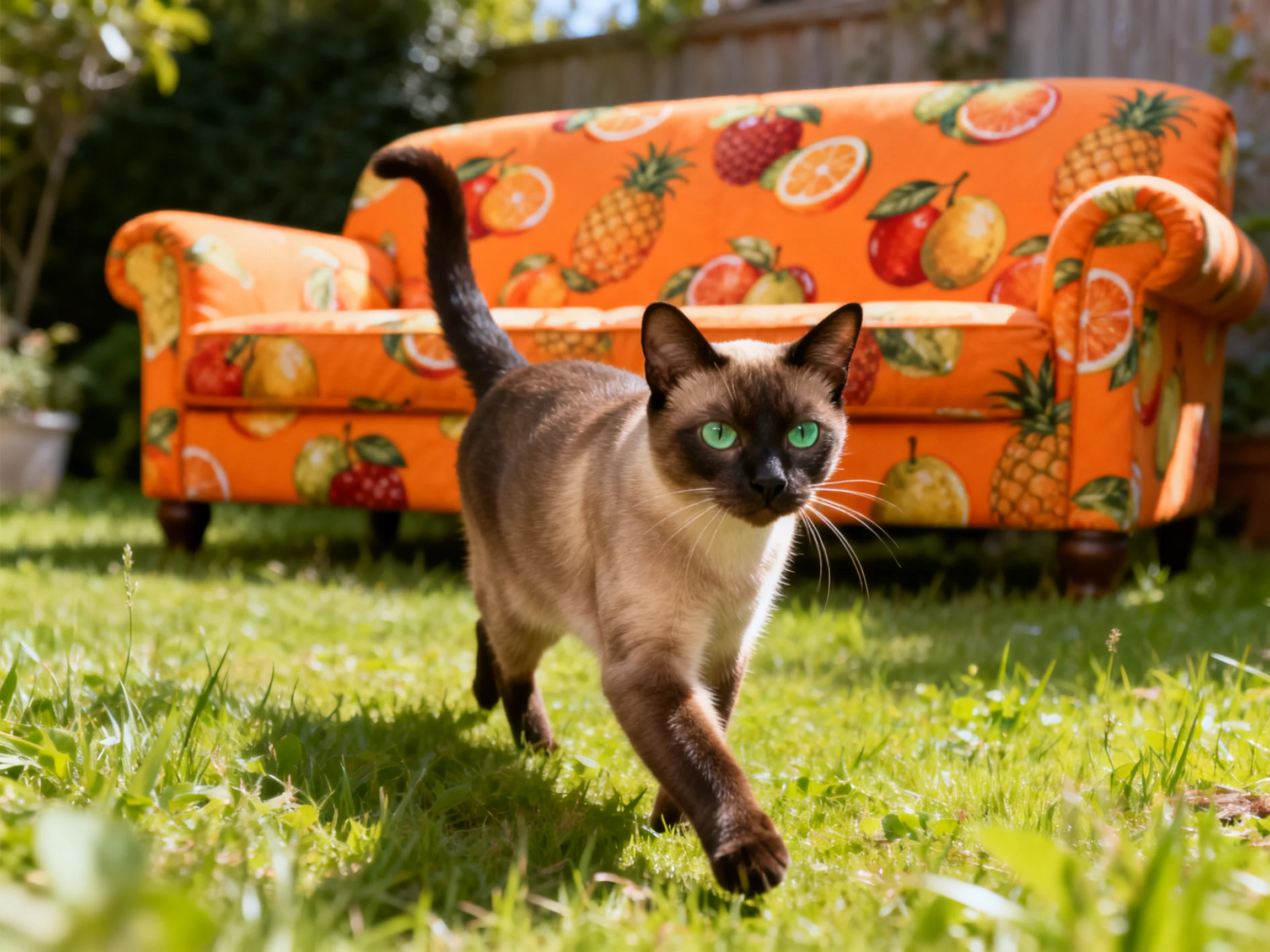 A Siamese cat with green eyes walks past an orange fruit - patterned sofa in a sunlit garden.
