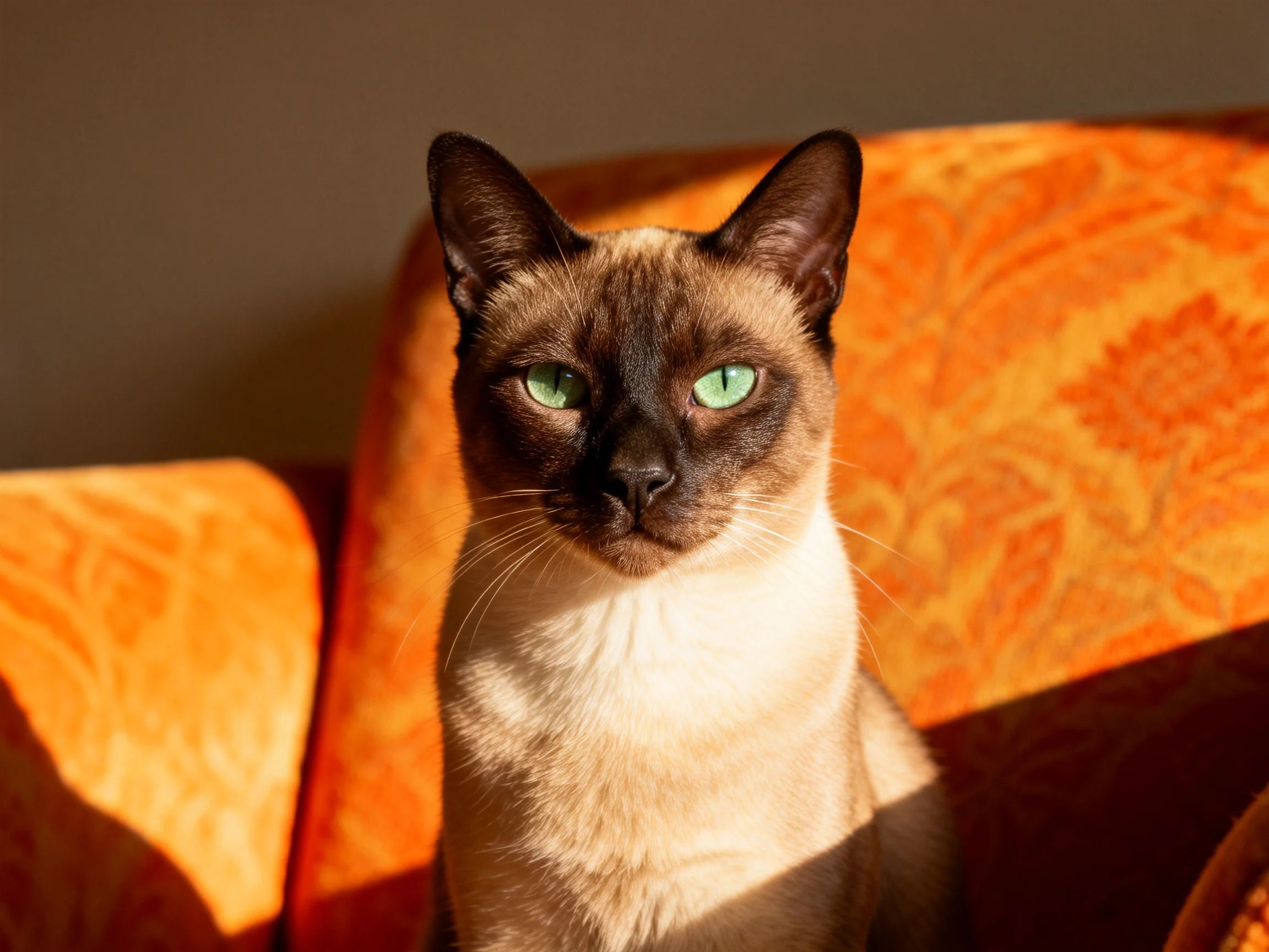 A Siamese cat with green eyes sits on an orange couch.