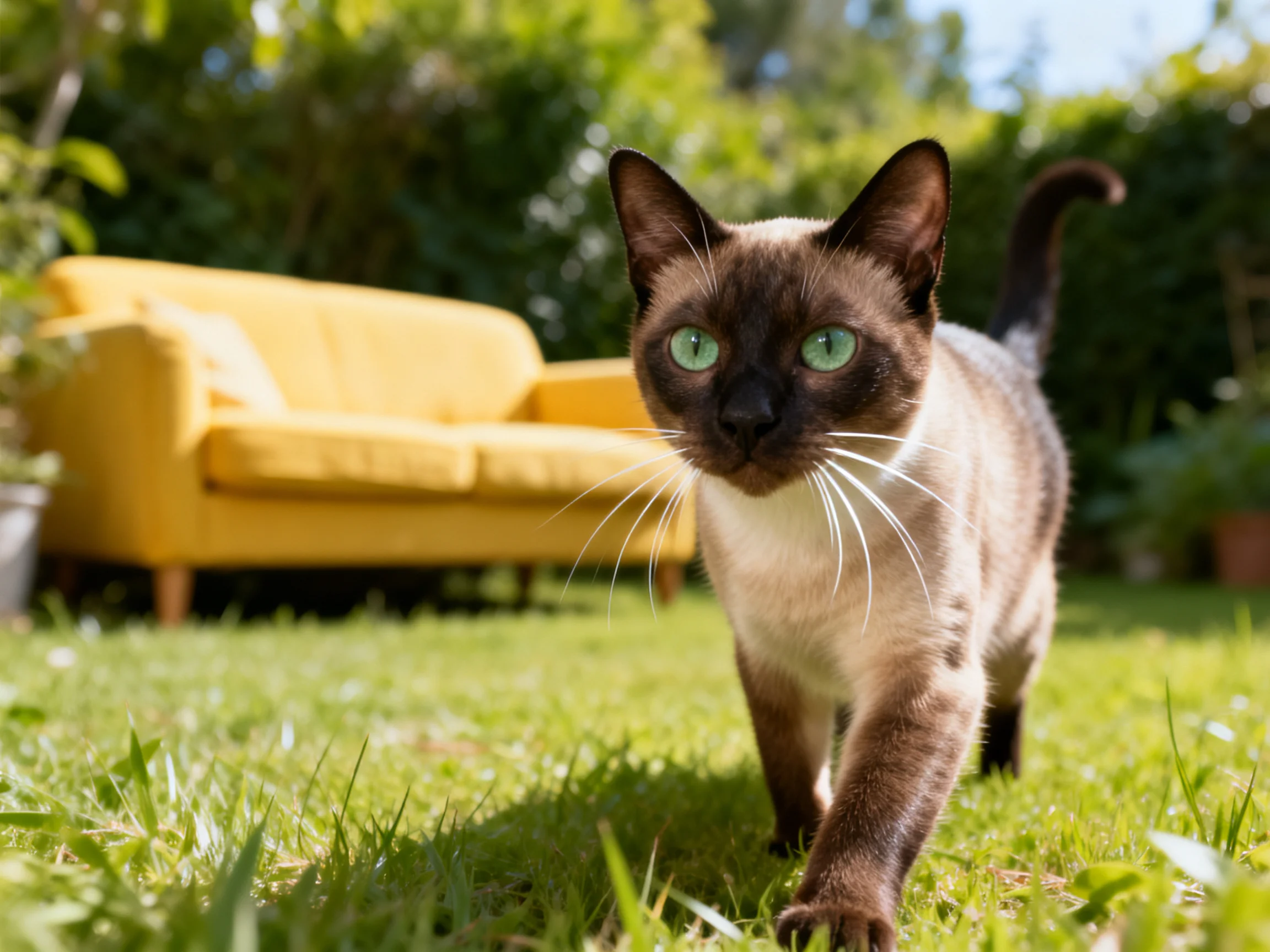 A Siamese cat with green eyes moves through a sunlit garden near a yellow sofa.