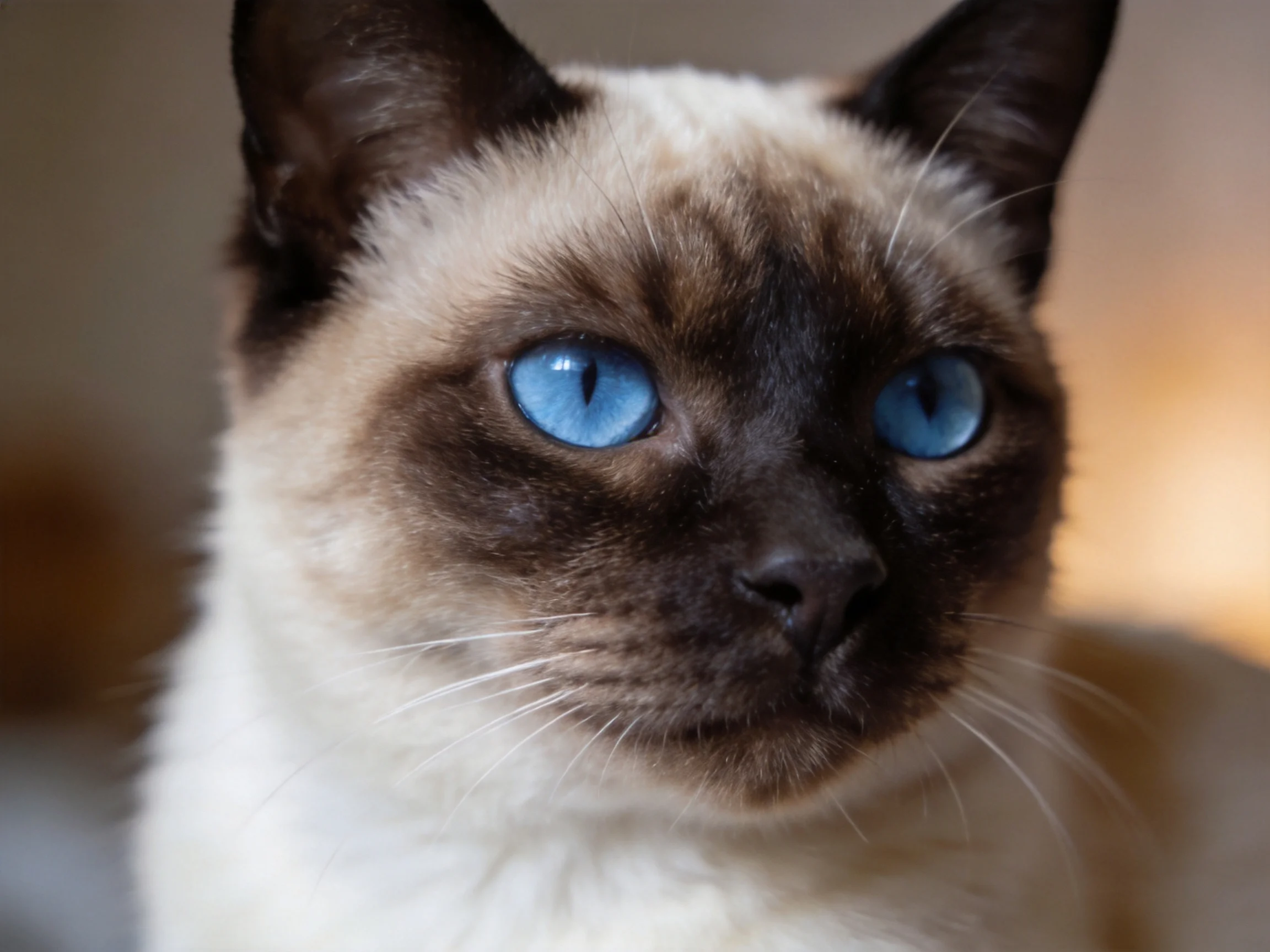 A Siamese cat with striking blue eyes and dark brown facial markings