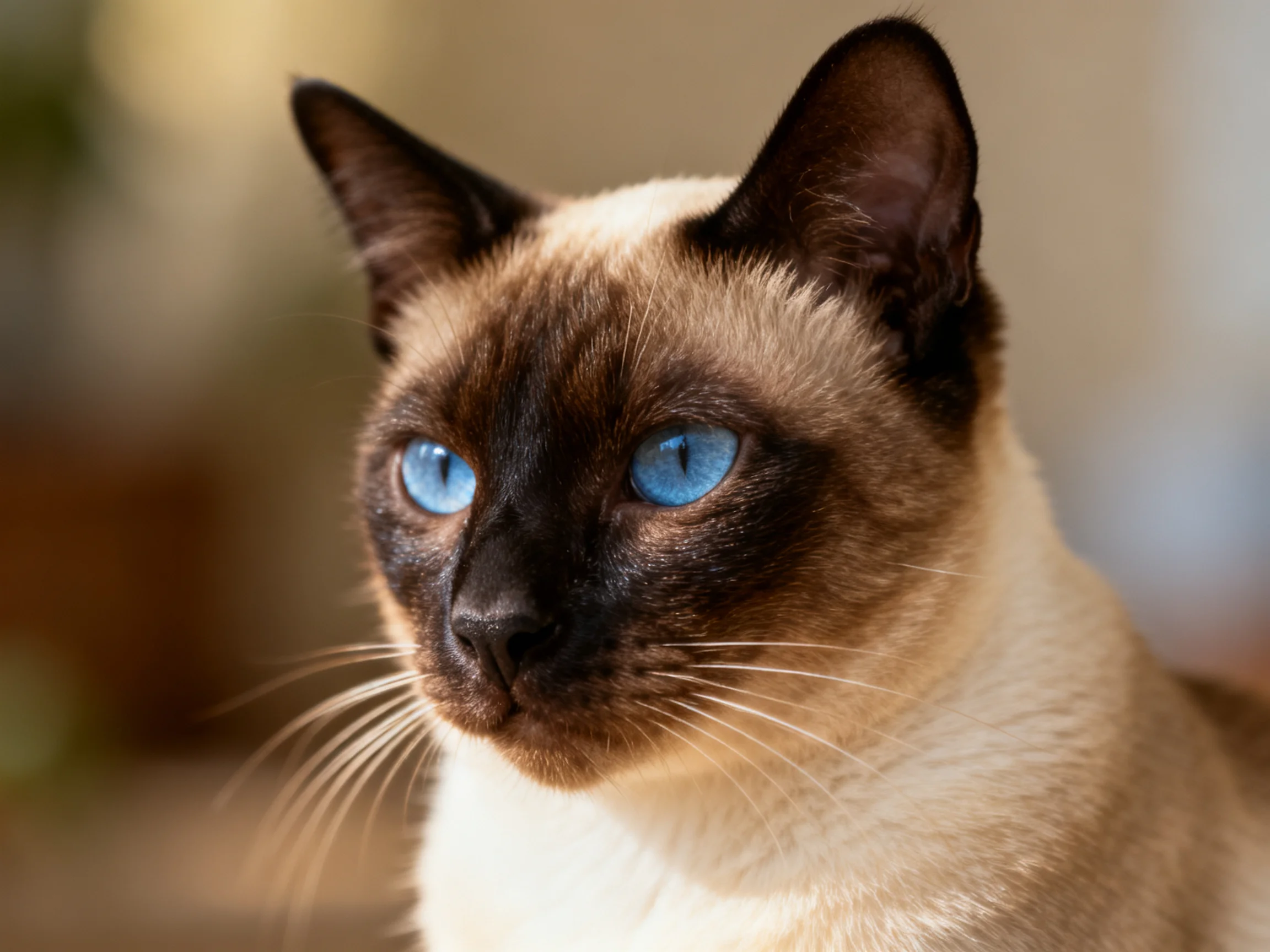 A Siamese cat with blue eyes gazes attentively into the distance.