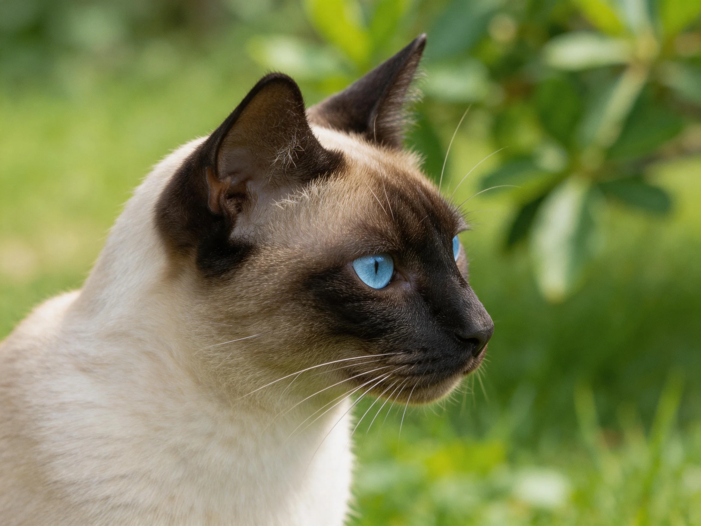 A Siamese cat with blue eyes gazes attentively amid greenery.