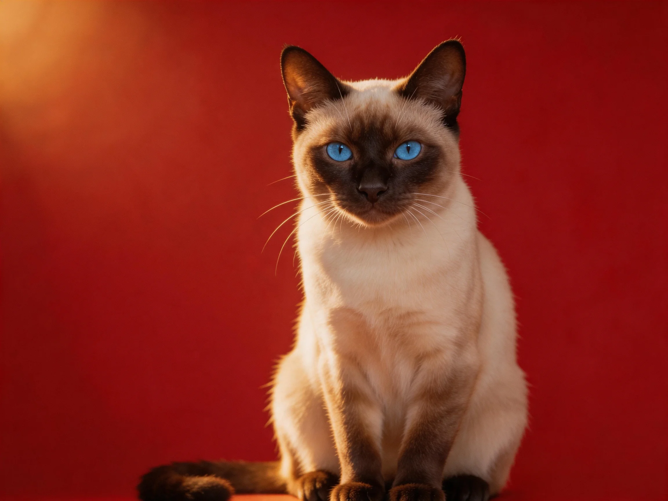 A Siamese cat with striking blue eyes poses against a vivid red backdrop