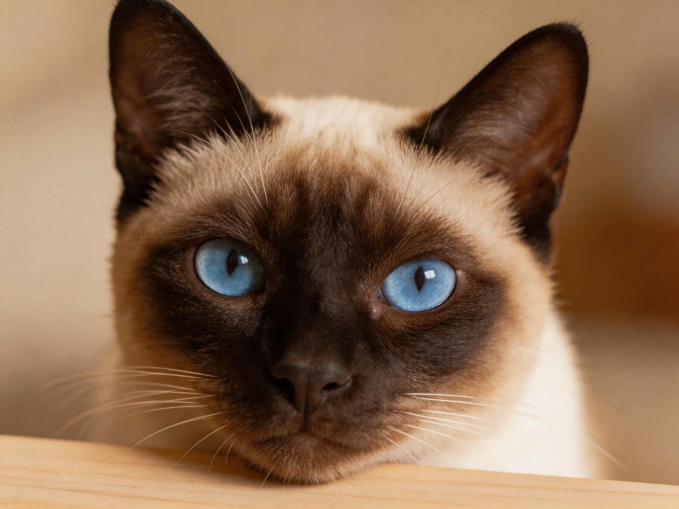 A Siamese cat with striking blue eyes resting by a wooden edge