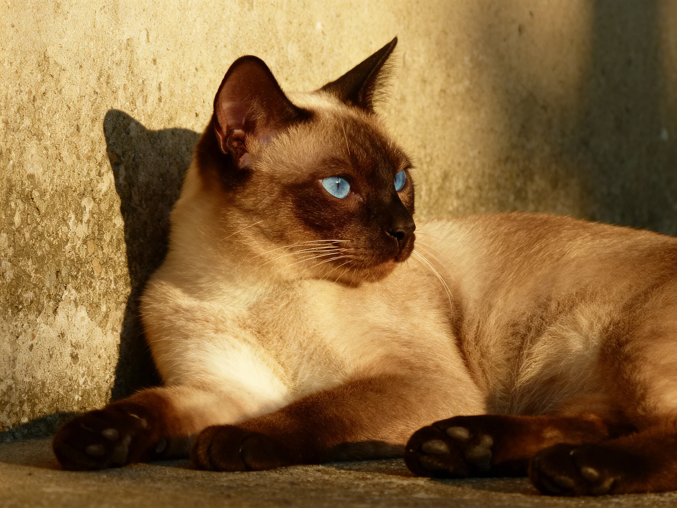 A Siamese cat with blue eyes relaxes beside a textured concrete wall