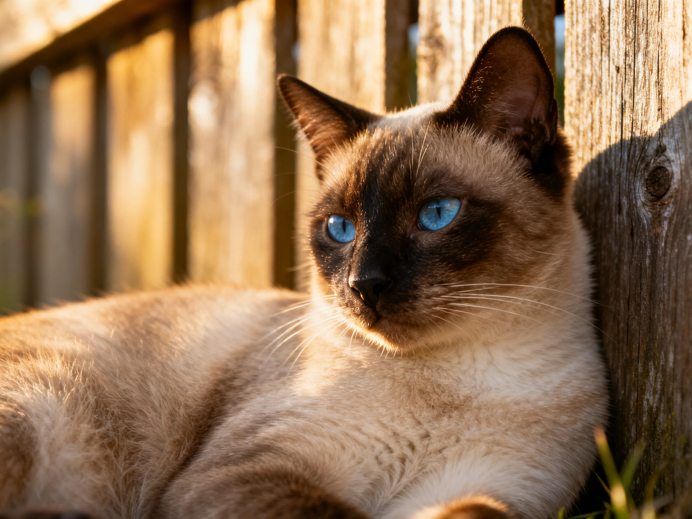 A Siamese cat with bright blue eyes relaxes near a weathered wooden fence.