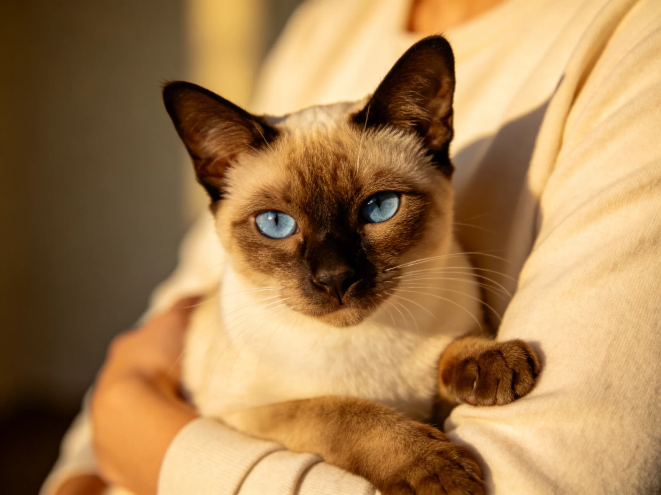 A Siamese cat with blue eyes is held in soft fabric