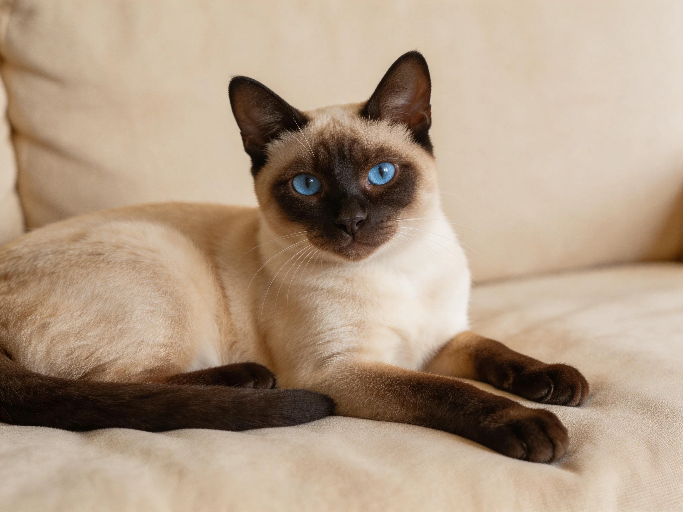 A Siamese cat with bright blue eyes relaxes on a beige sofa.
