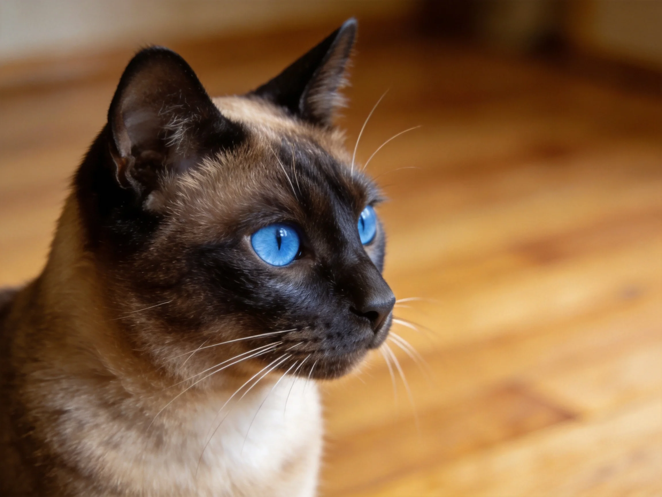 A Siamese cat with bright blue eyes is near a wooden floor.