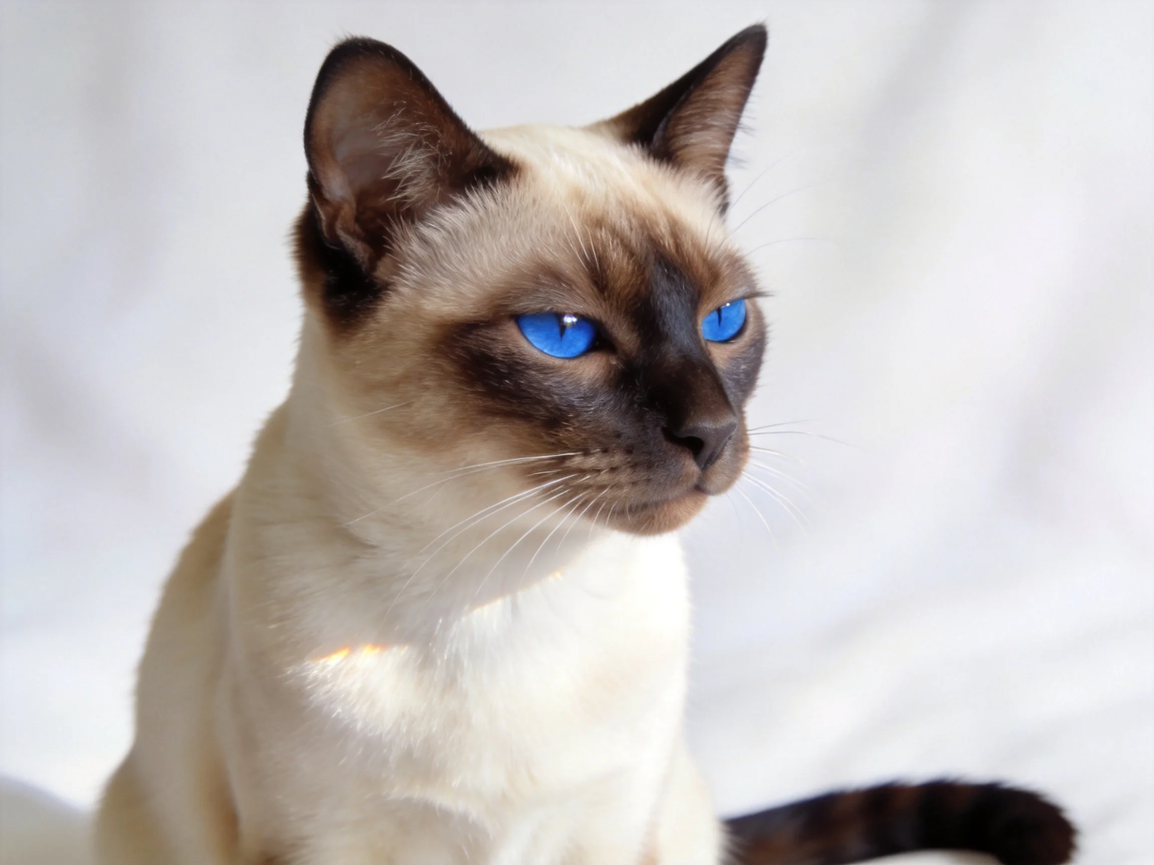 A Siamese cat with blue eyes sits near a white backdrop.