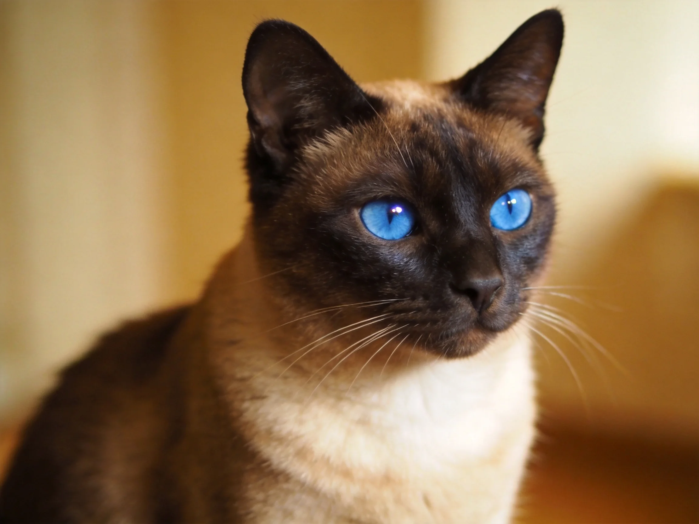 A Siamese cat with vivid blue eyes is positioned indoors.