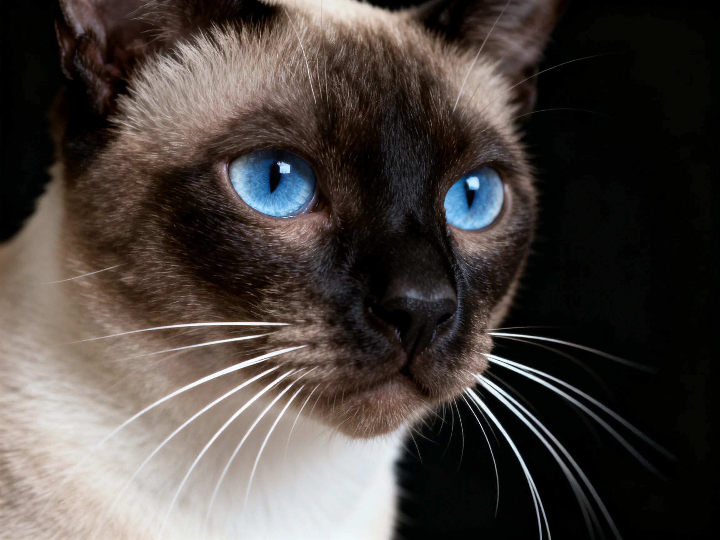 A Siamese cat with vivid blue eyes is highlighted against a black backdrop.