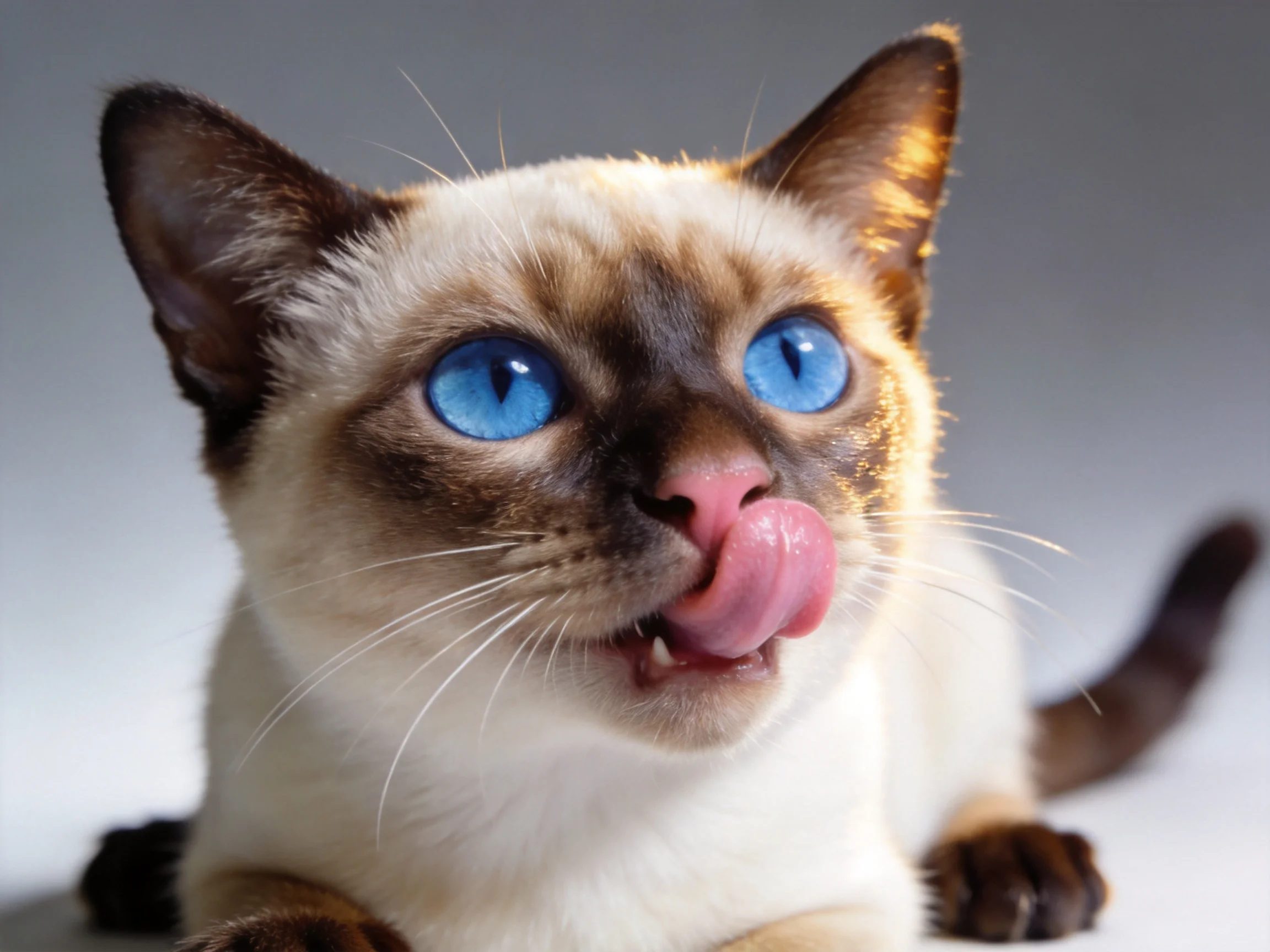 A Siamese cat with blue eyes licks its mouth in a close-up view.