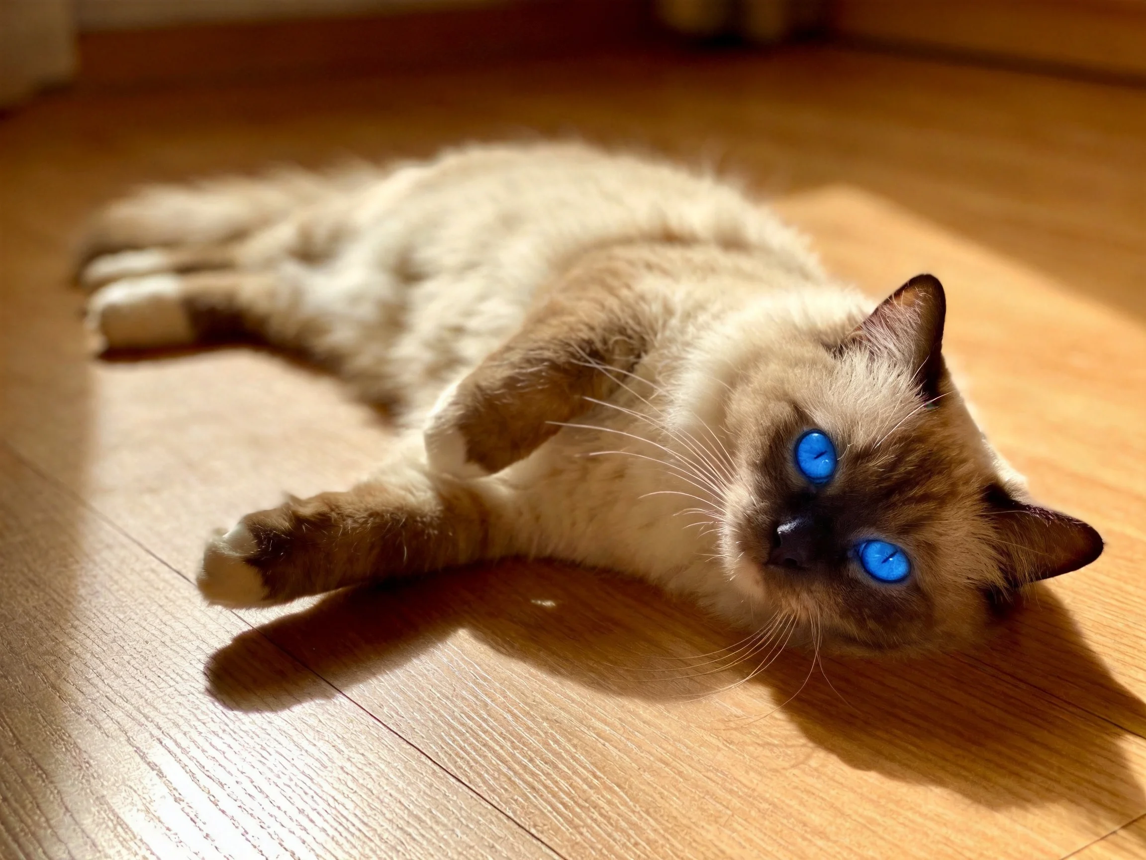 A Siamese cat with blue eyes relaxes on a wooden floor bathed in sunlight