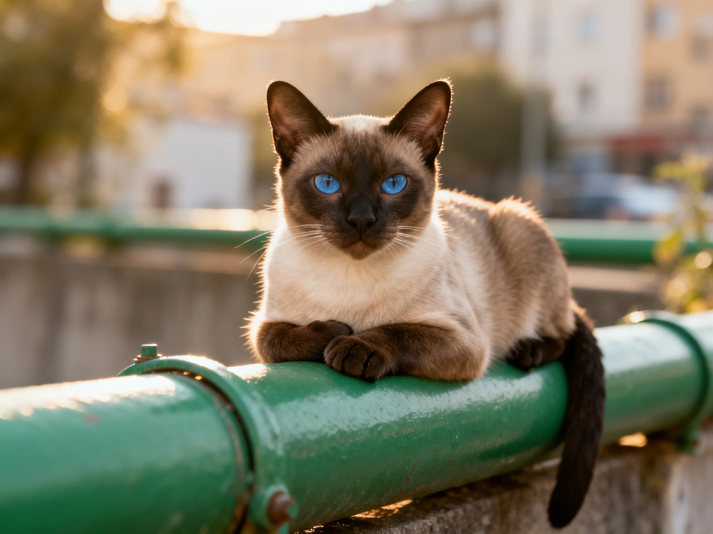 A Siamese cat with blue eyes relaxes on a green pipe in an outdoor area
