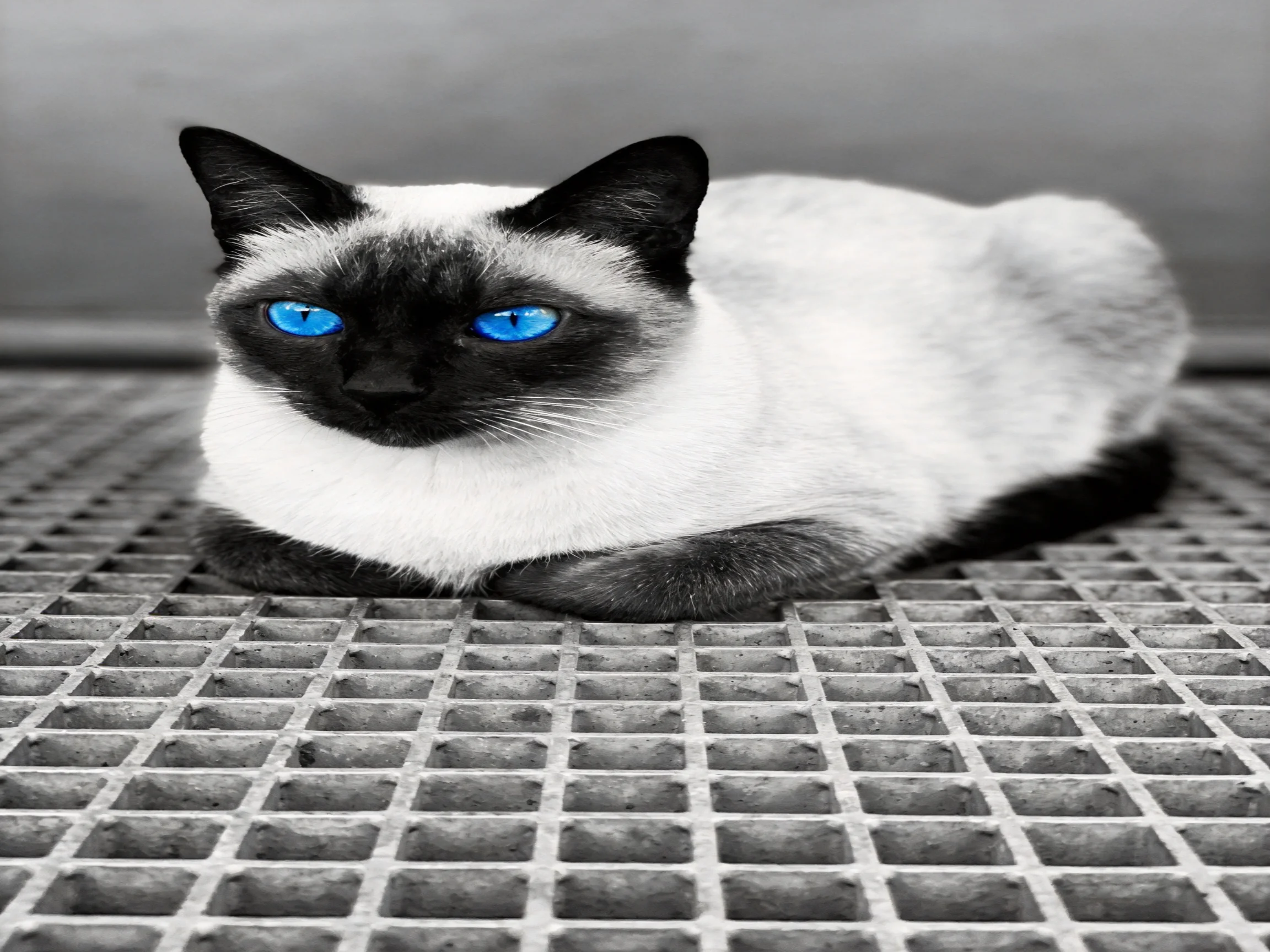 A Siamese cat with bright blue eyes relaxes on a metal grate.