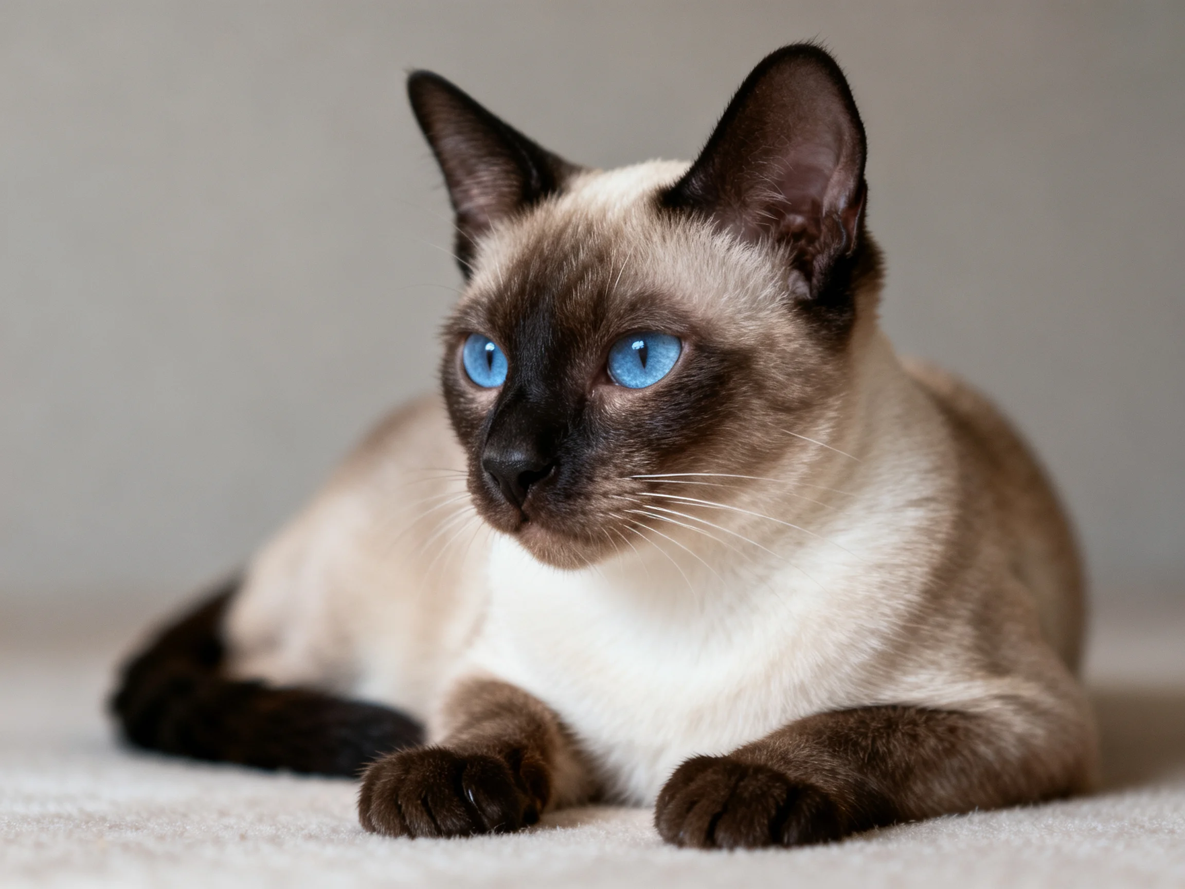 A Siamese cat with blue eyes rests on a soft surface.