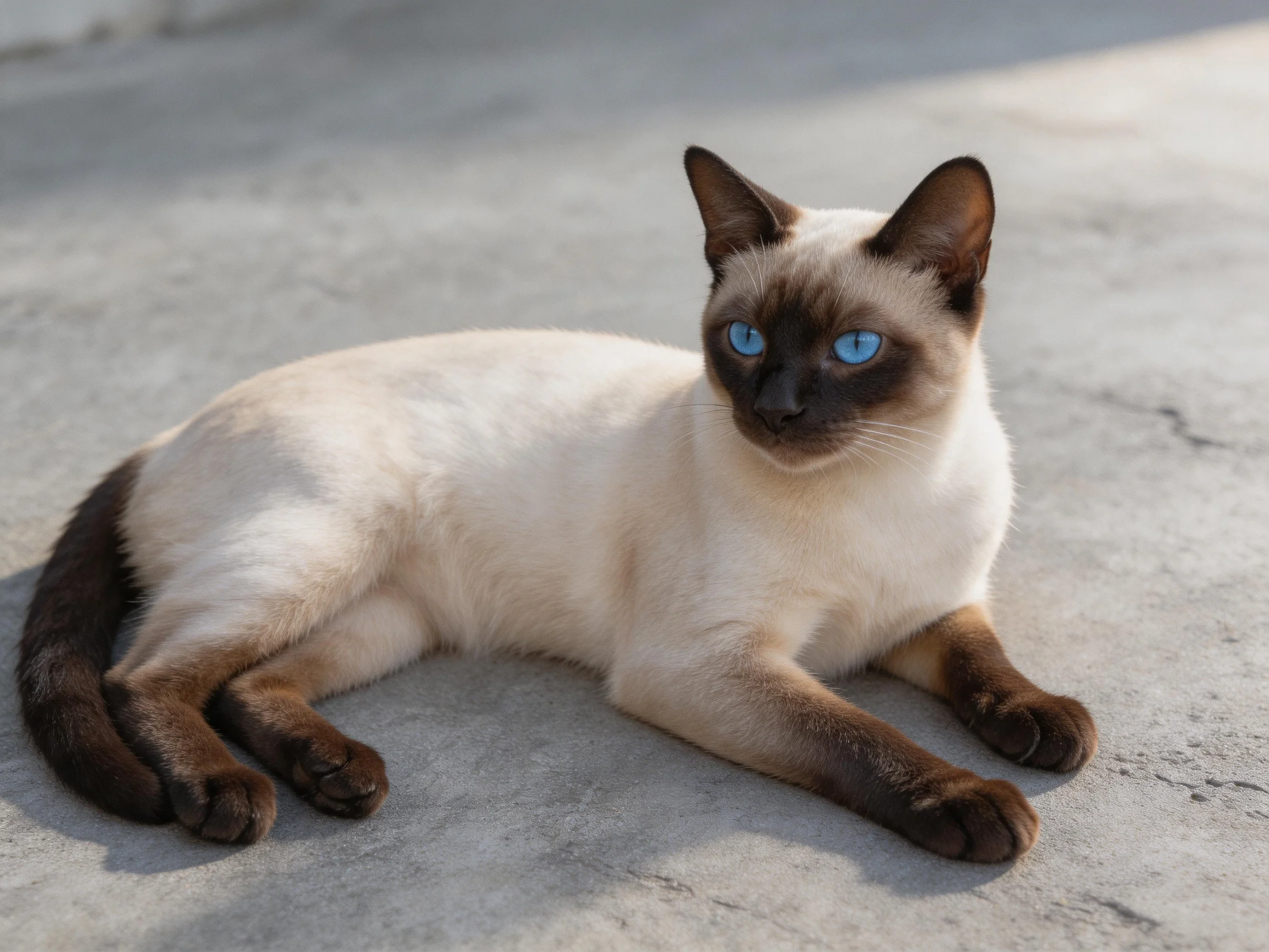 A Siamese cat with blue eyes relaxes on concrete under natural light.