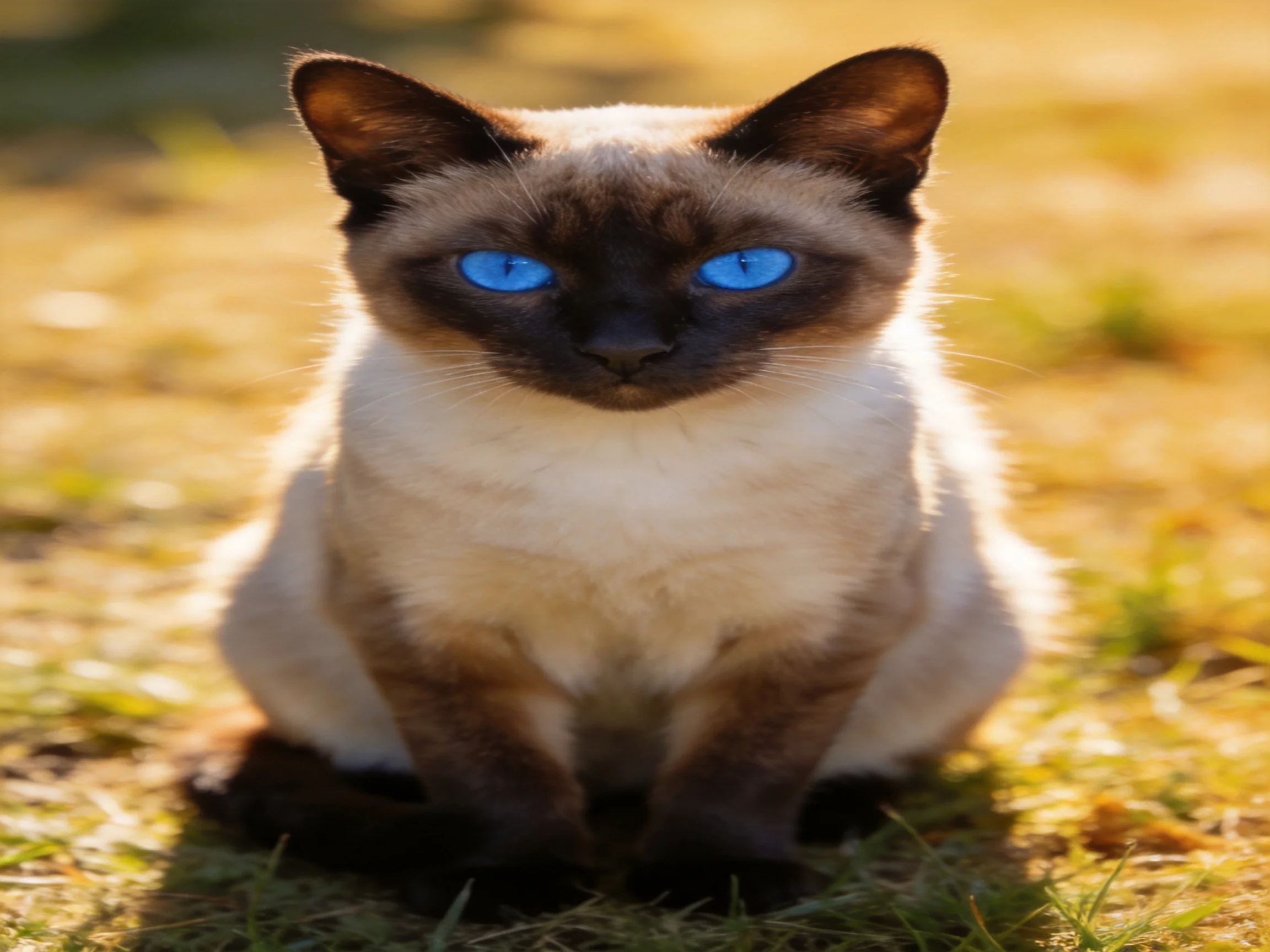 A Siamese cat with blue eyes rests on sunlit grass.