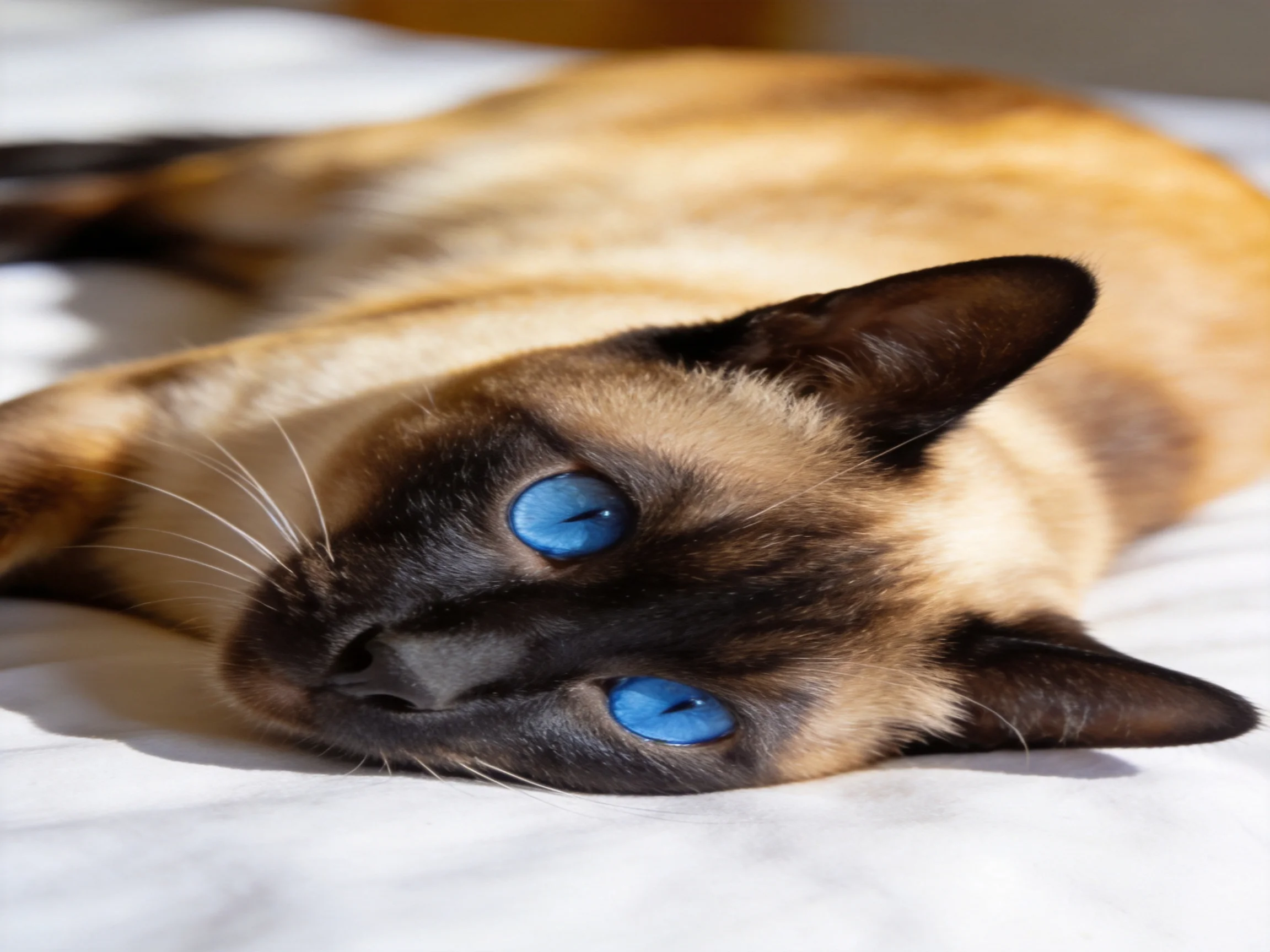 A Siamese cat with blue eyes rests on white bedding.