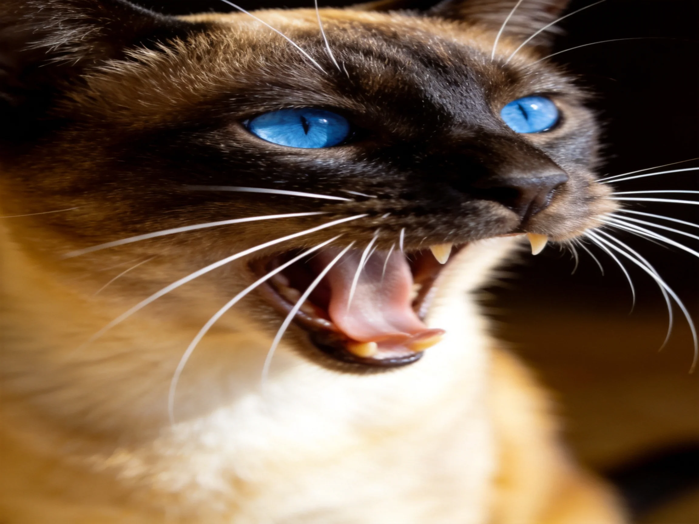 A Siamese cat with bright blue eyes opens its mouth wide.
