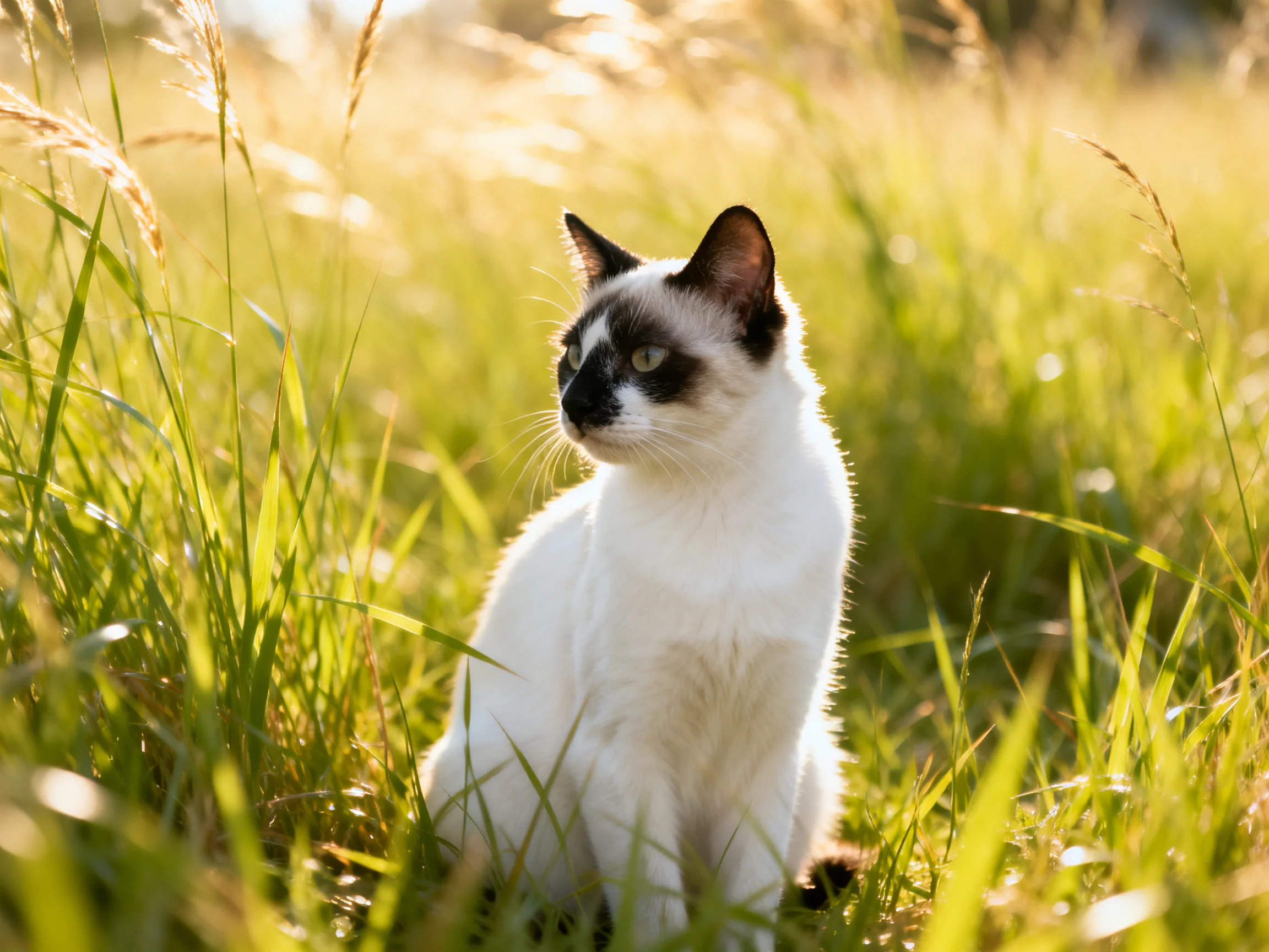 A Siamese cat with white and dark fur sits in sunlit tall grass