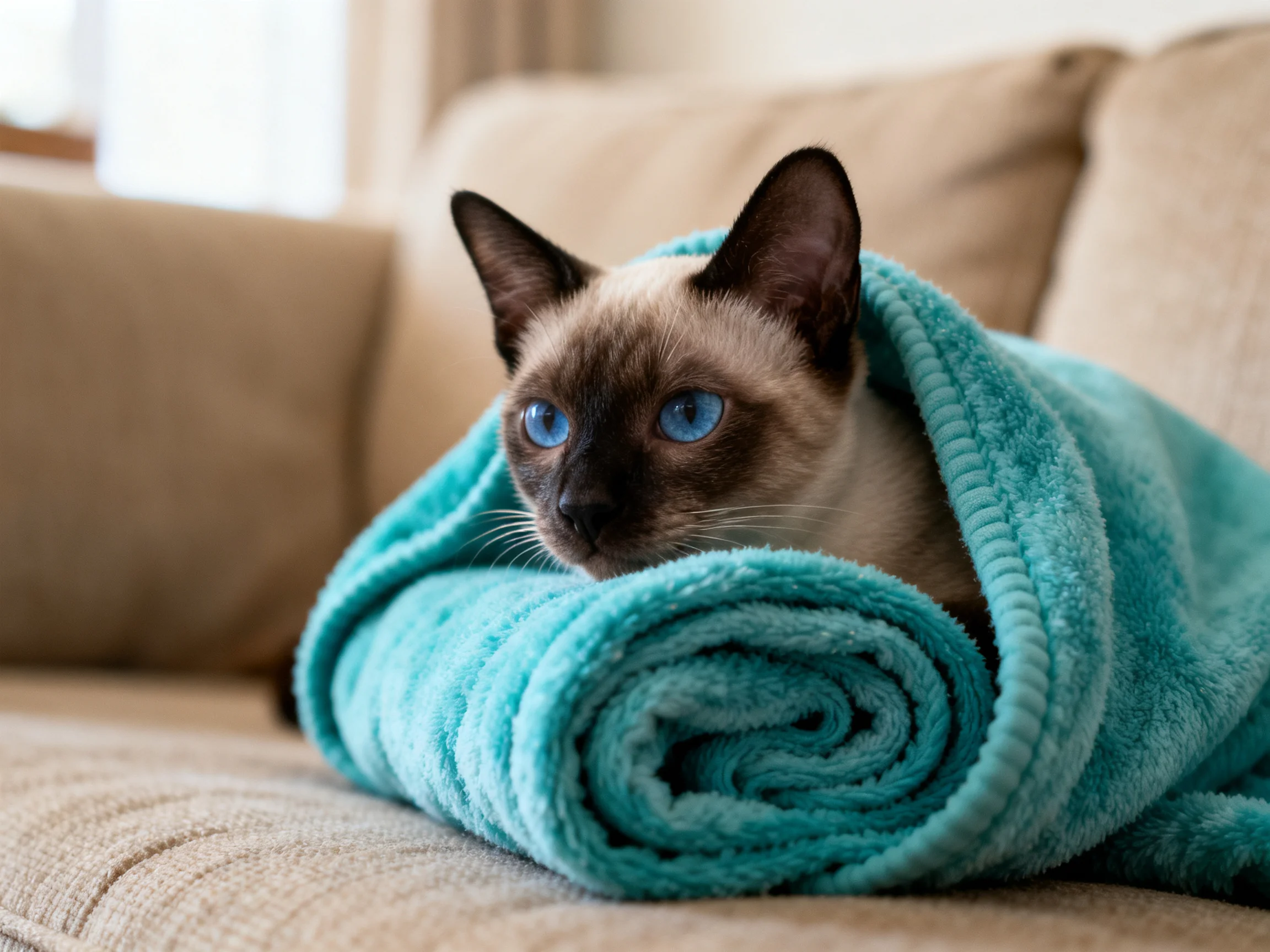 A Siamese cat wrapped in a turquoise towel on a beige sofa