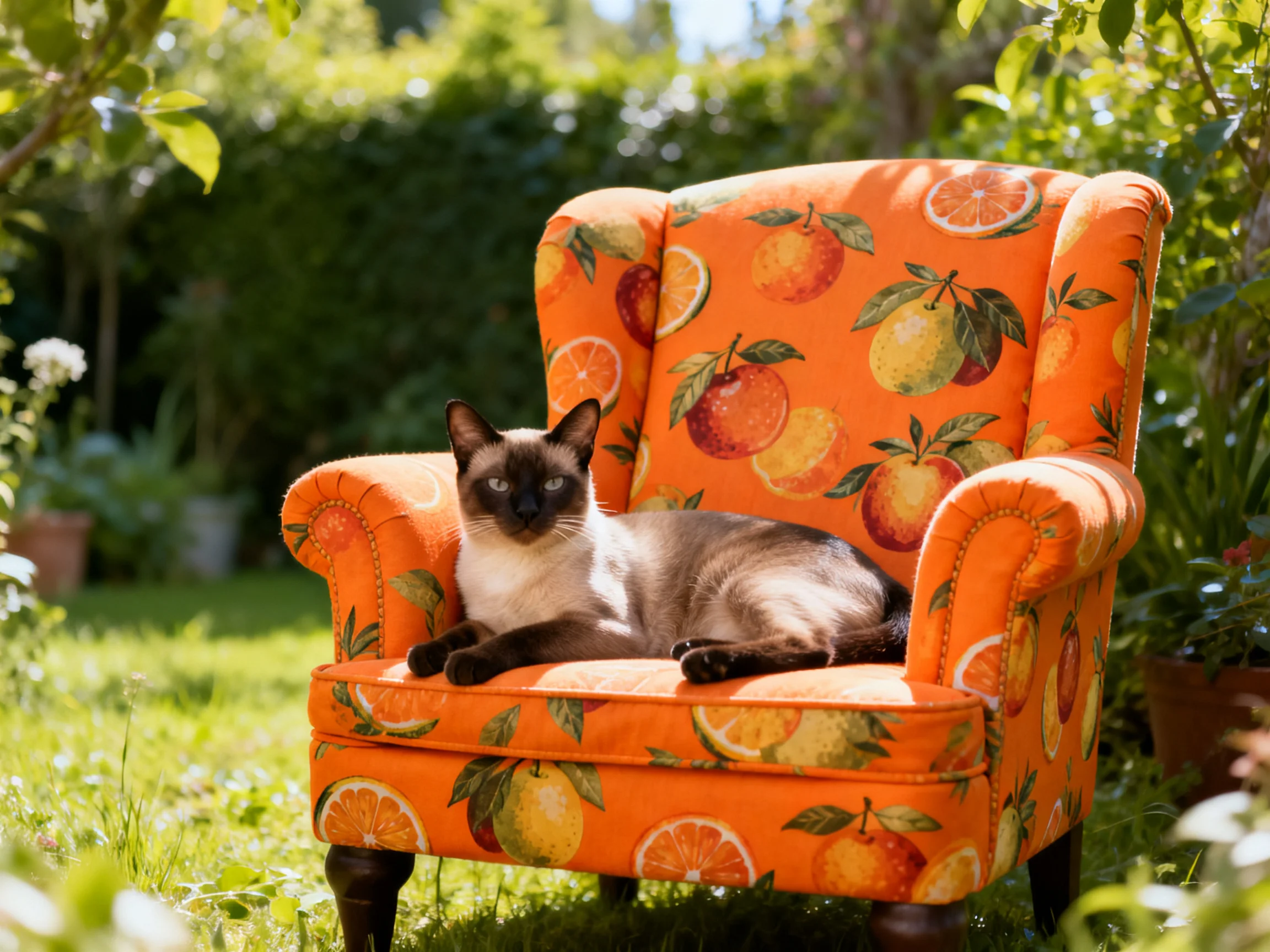 A Siamese catrelaxes on an orange fruit-patterned armchair in a garden