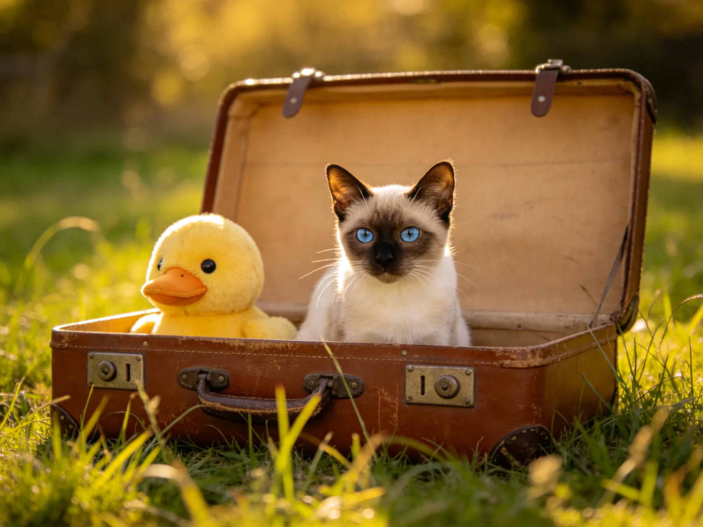 A Siamese kitten and yellow stuffed duck sit together in an open suitcase on grass.