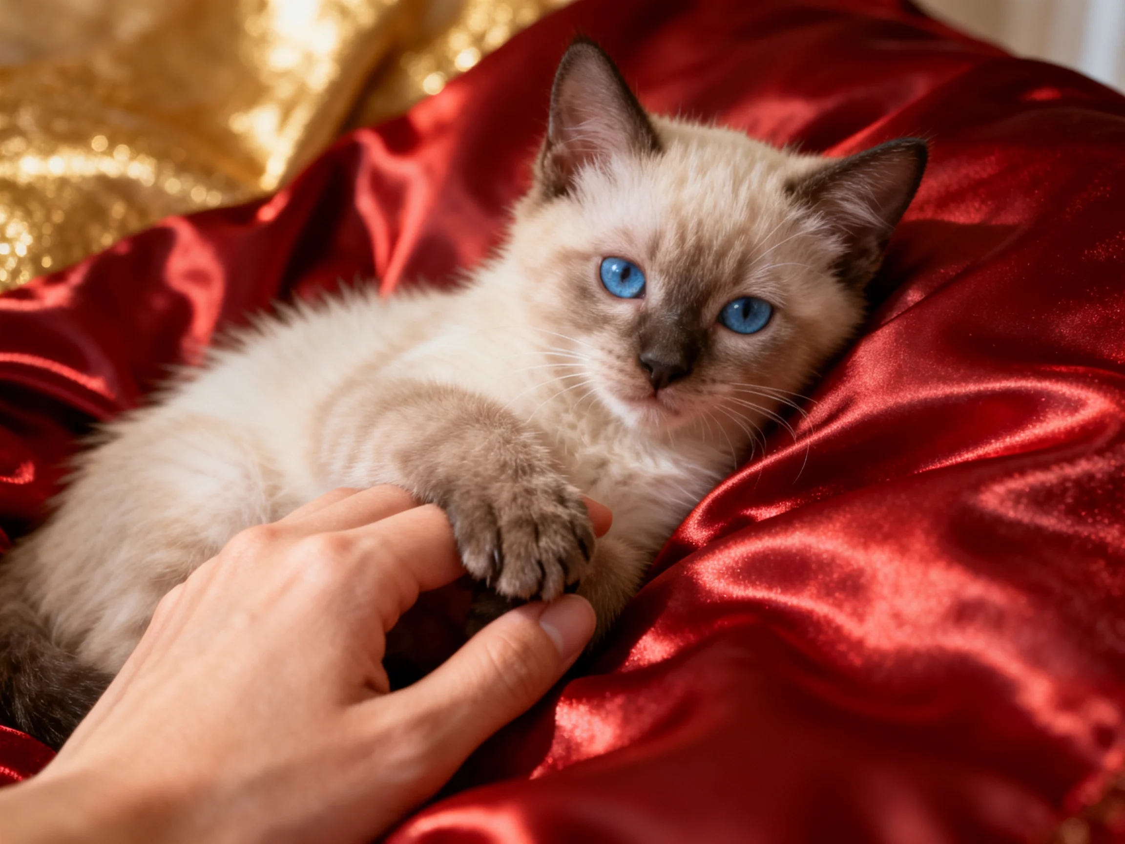A Siamese kitten with blue eyes is petted while resting on red fabric.