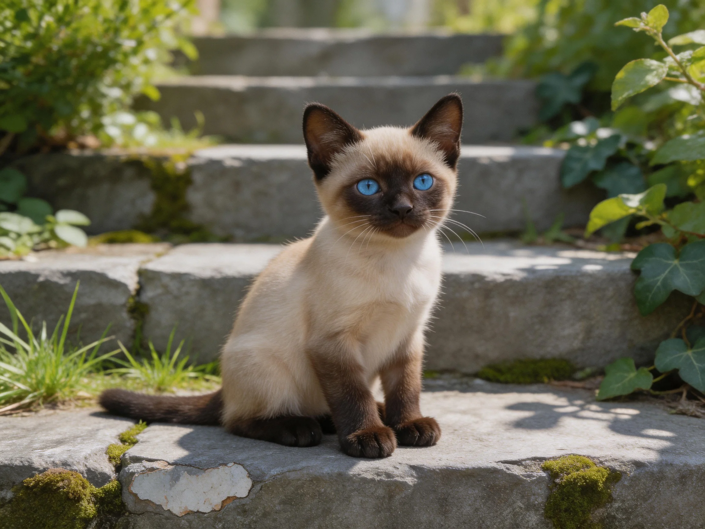 A Siamese kitten with blue eyes sits on stone steps near greenery