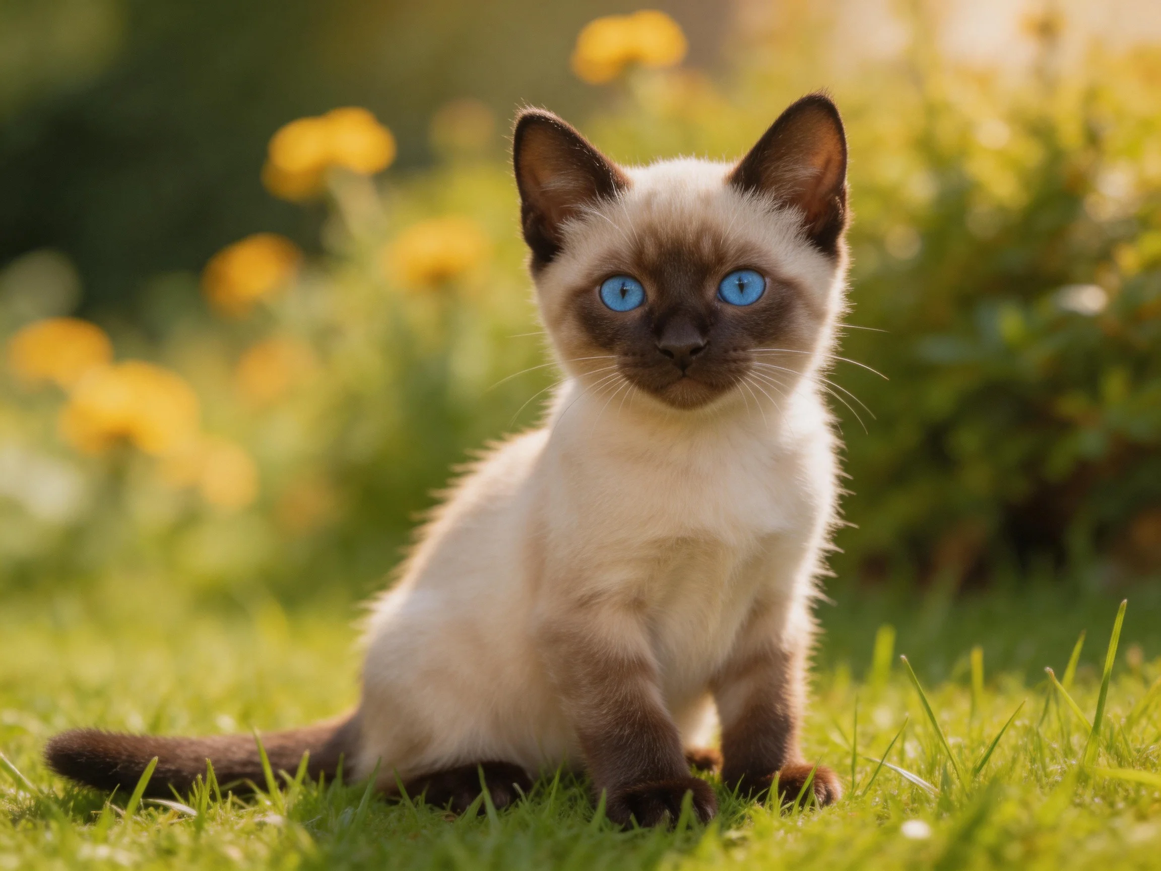 A Siamese kitten with bright blue eyes sits on green grass near yellow flowers