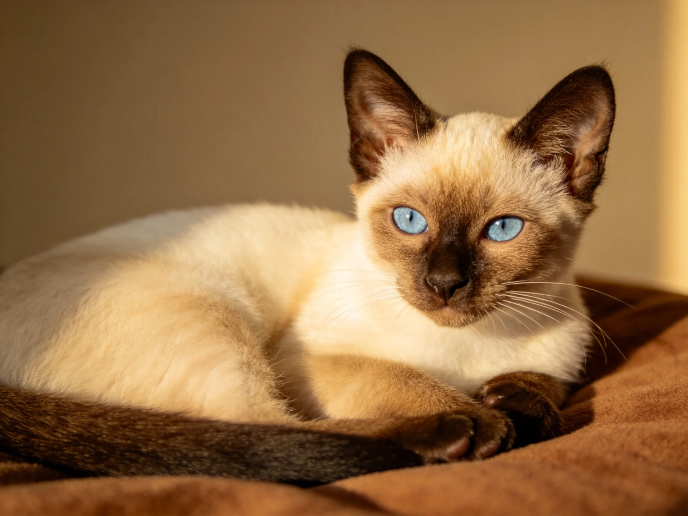 A Siamese kitten with striking blue eyes lies on a brown fabric surface
