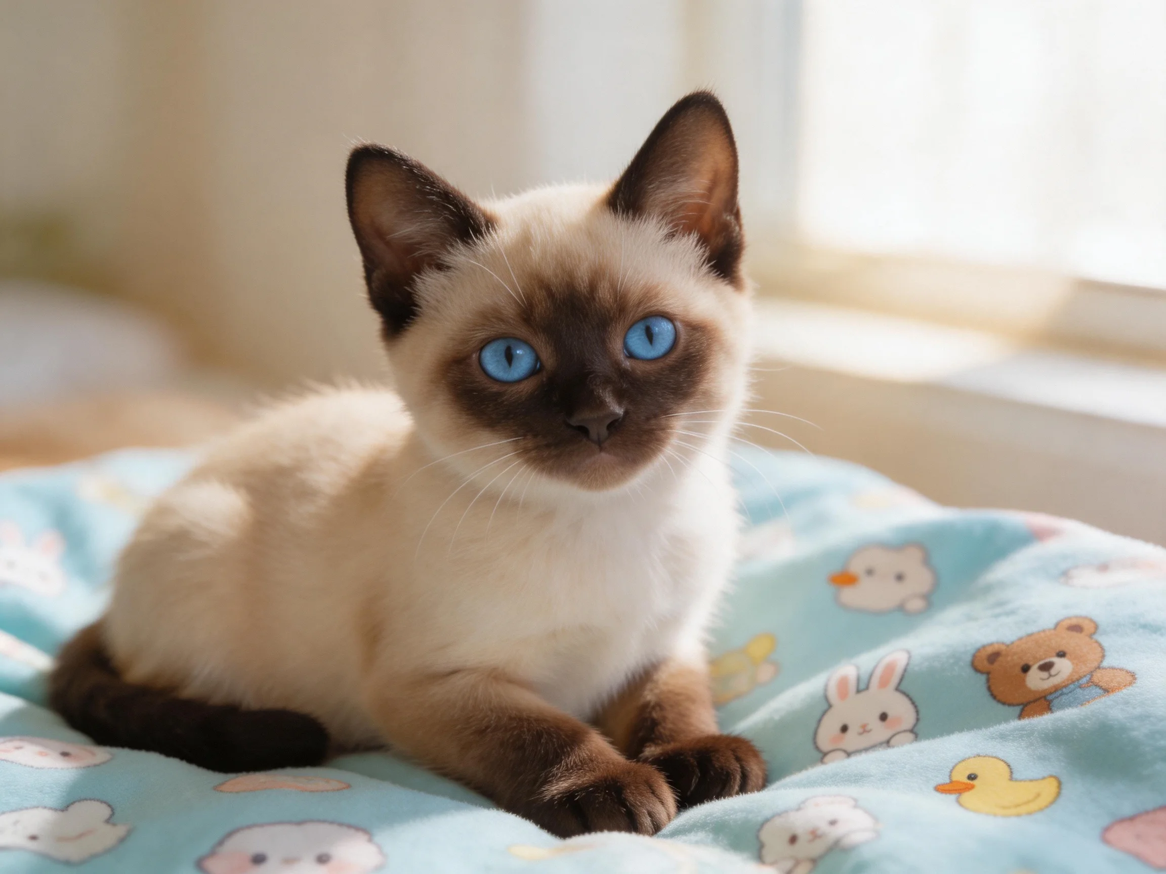 A Siamese kitten with blue eyes sits on a cartoon blanket in soft sunlight