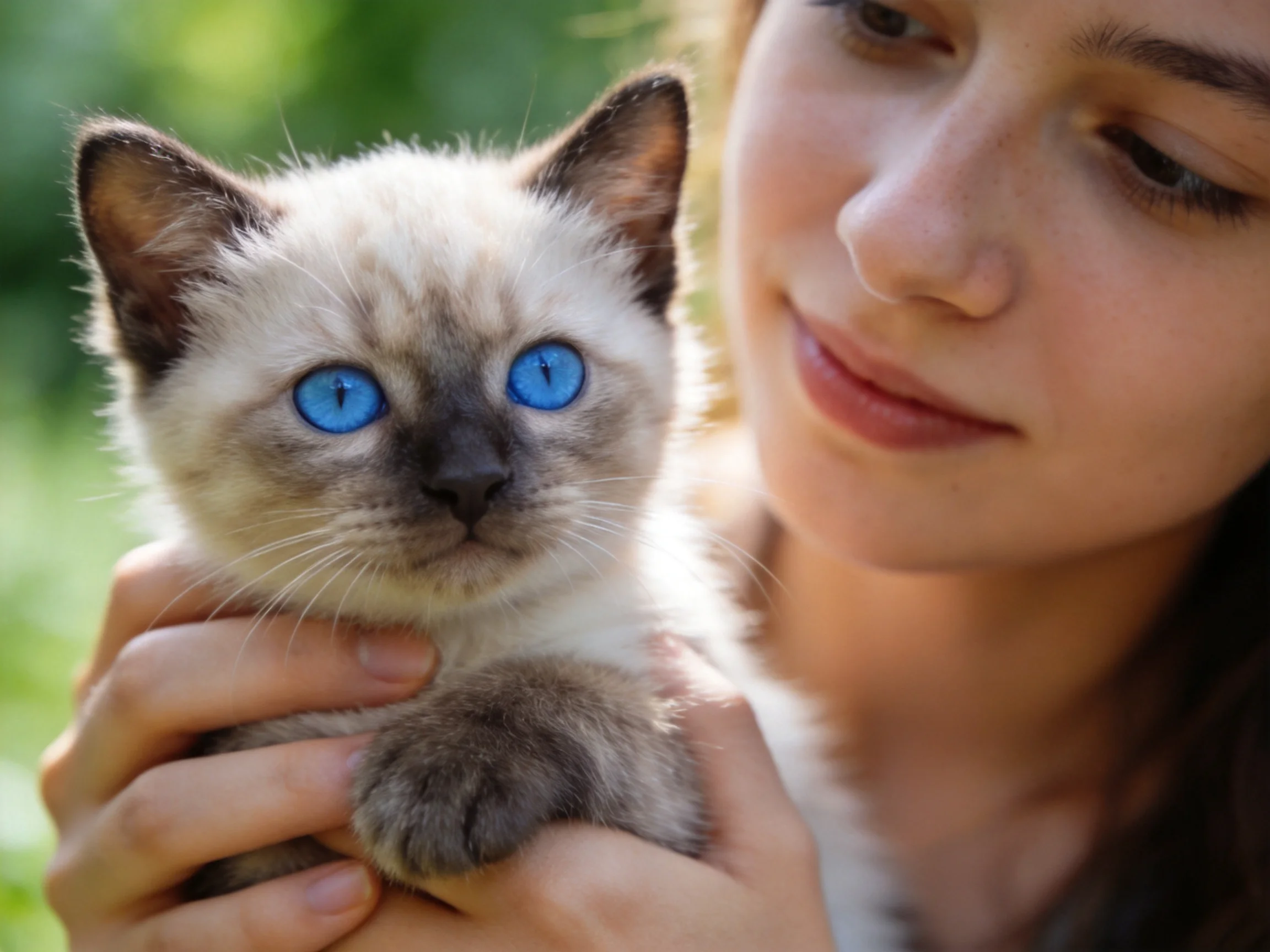 A person holds a Siamese kitten with bright blue eyes outdoors.