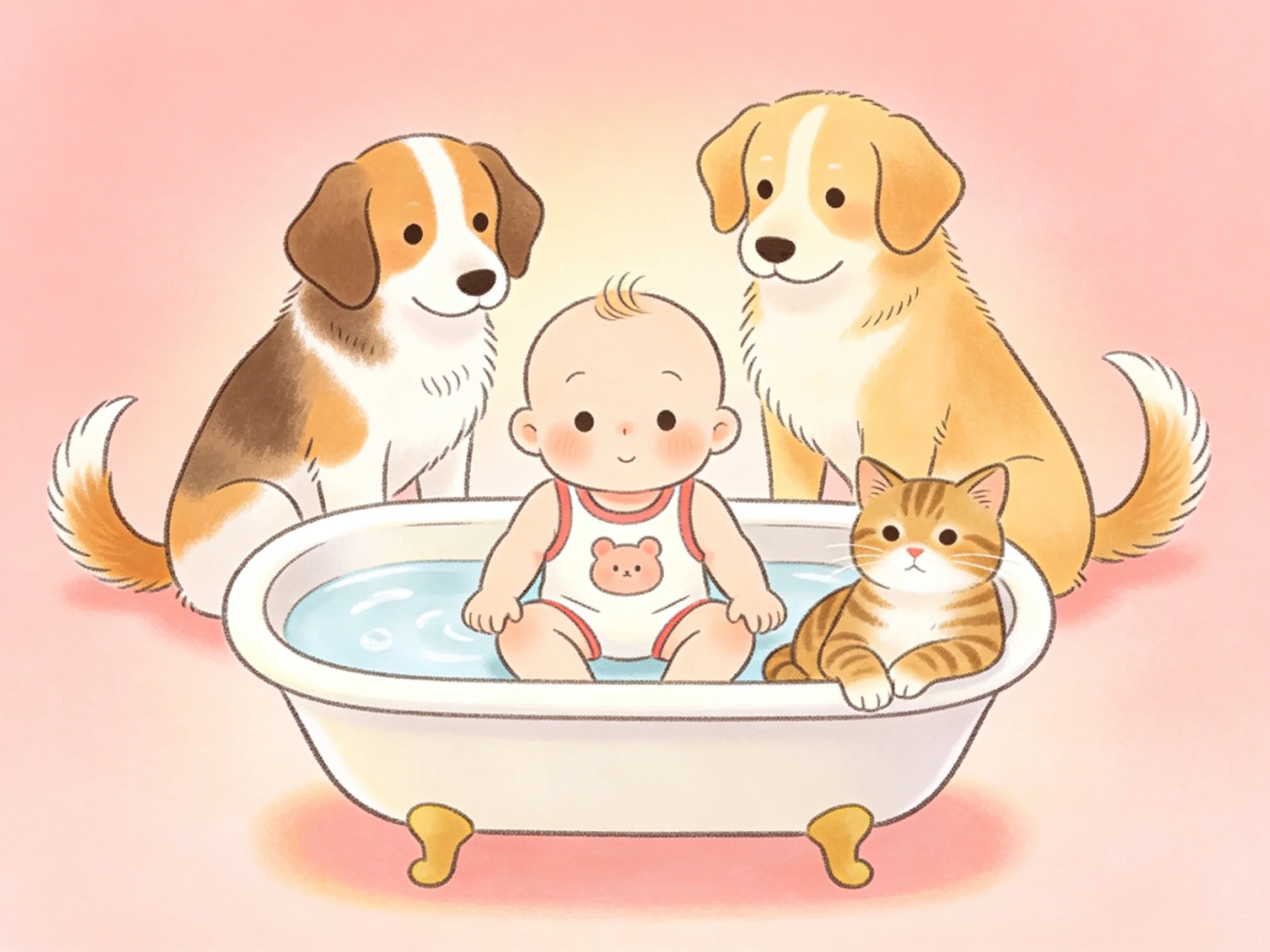A baby bathing with two dogs and a cat in a white bathtub