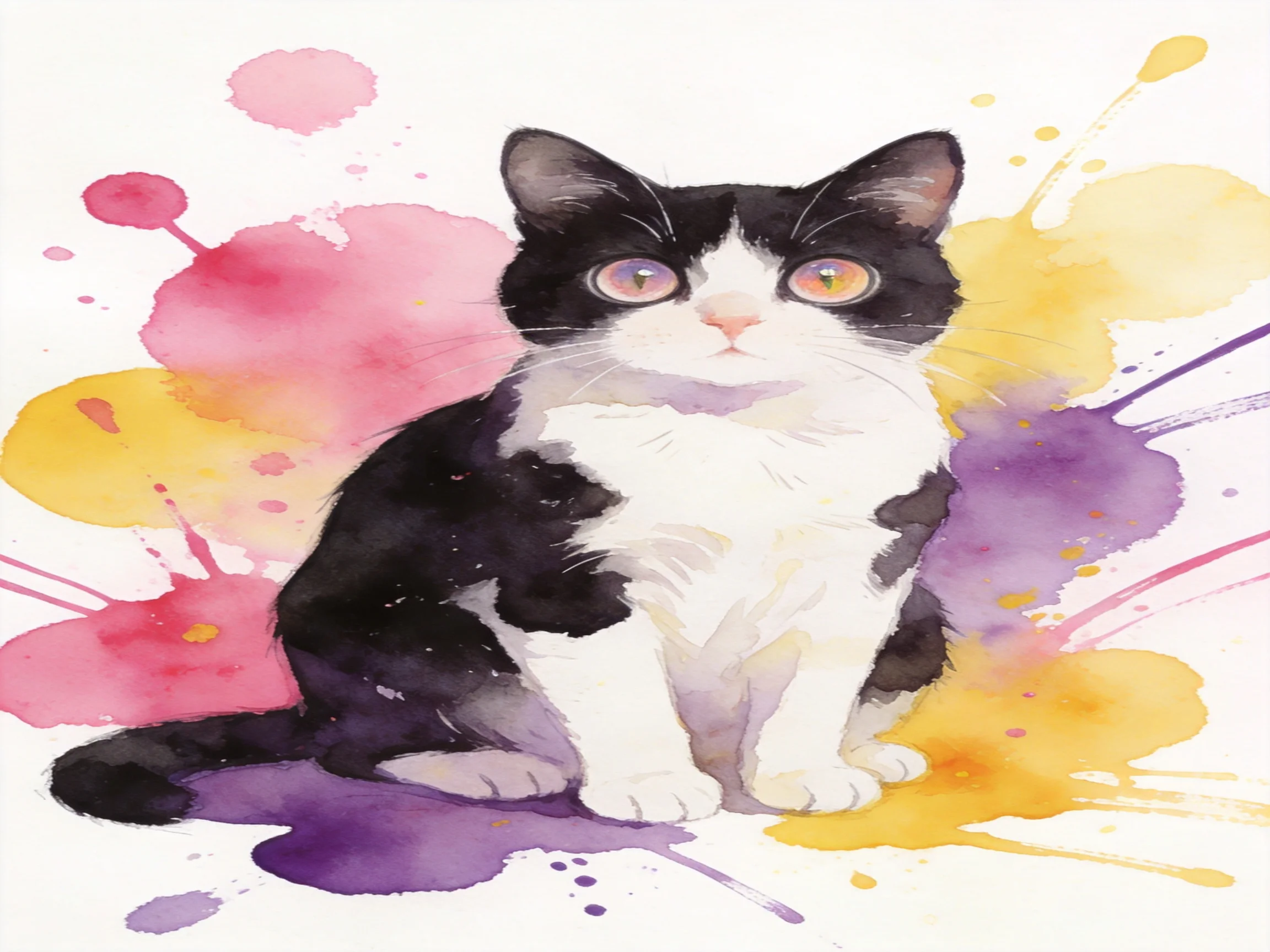 A black - and - white cat is centered among colorful watercolor splashesin an artistic scene.