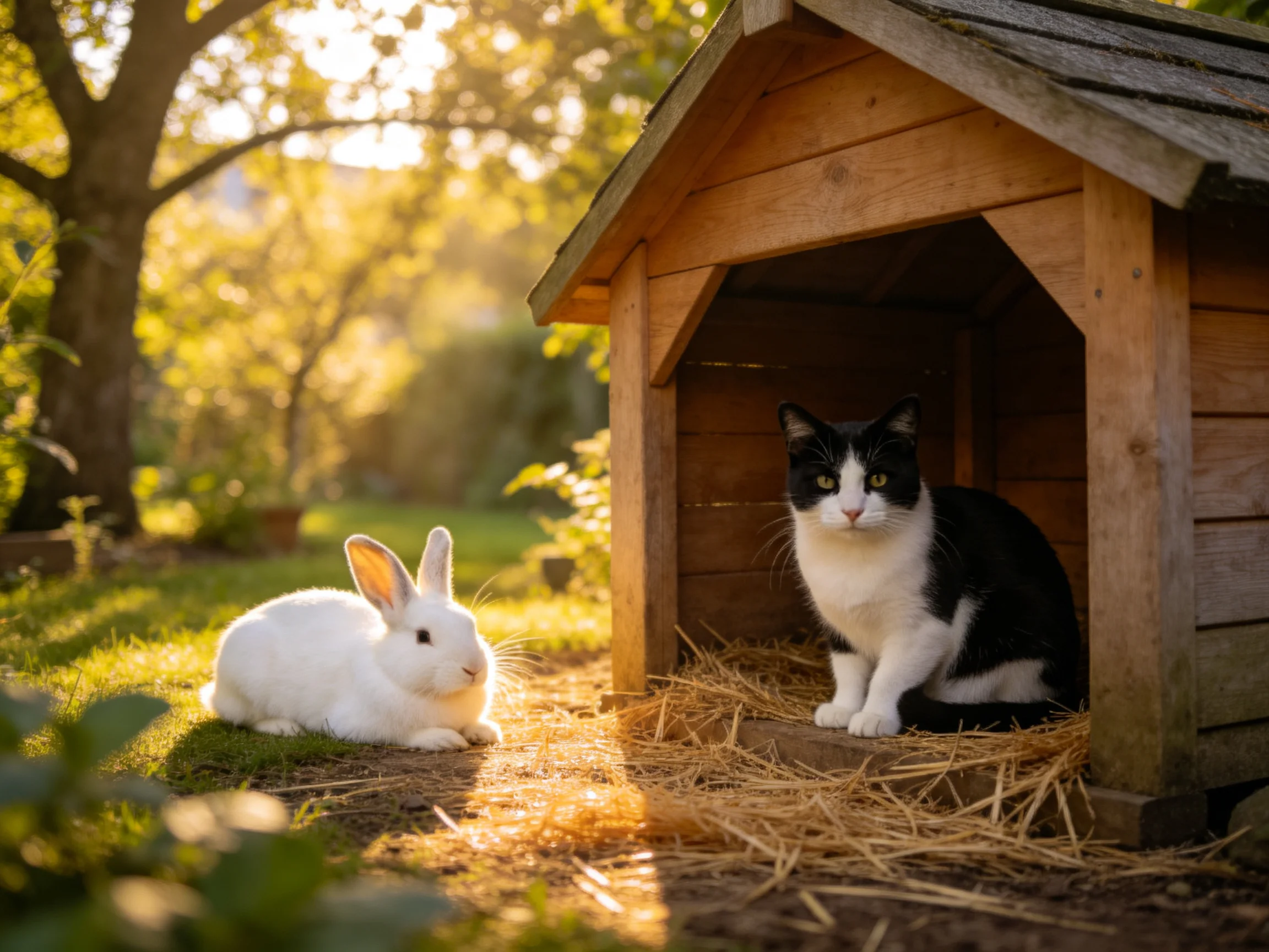 A black - and - white cat and white rabbit near a wooden doghouse with straw