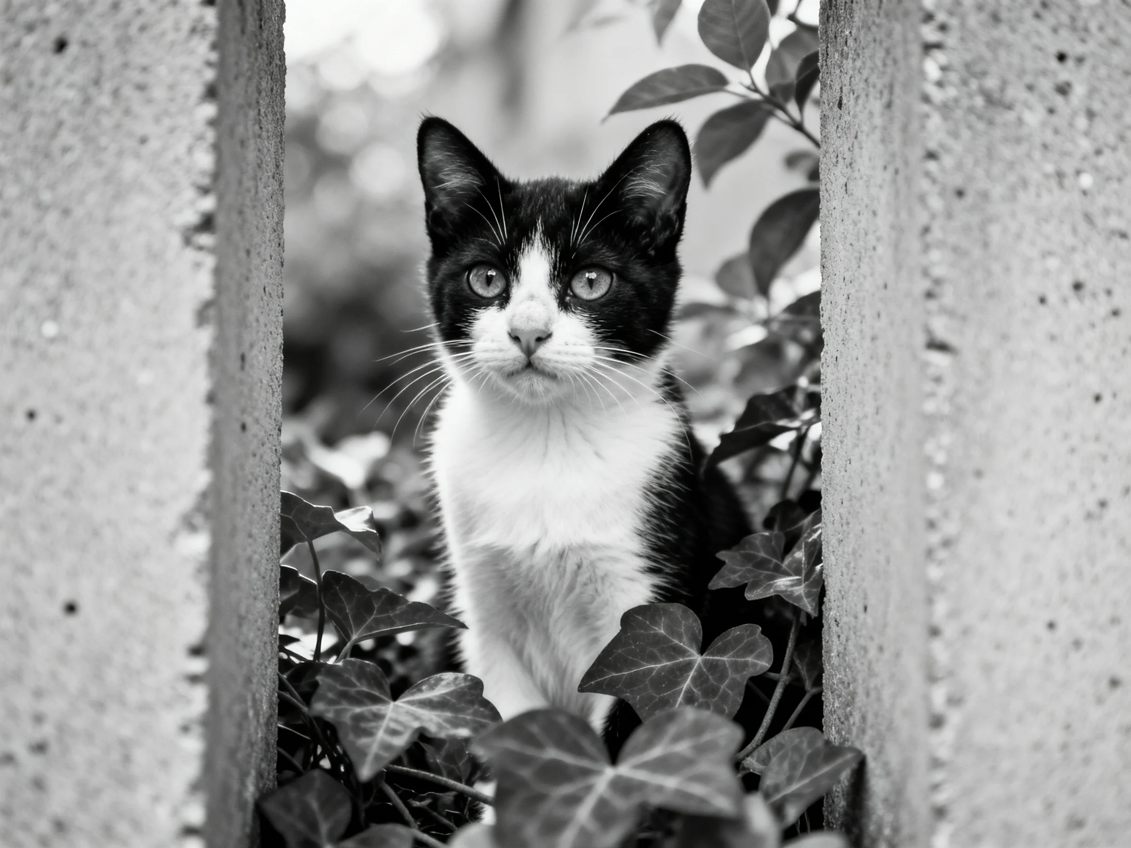 A black and white cat is nestled between concrete structures with nearby foliage.