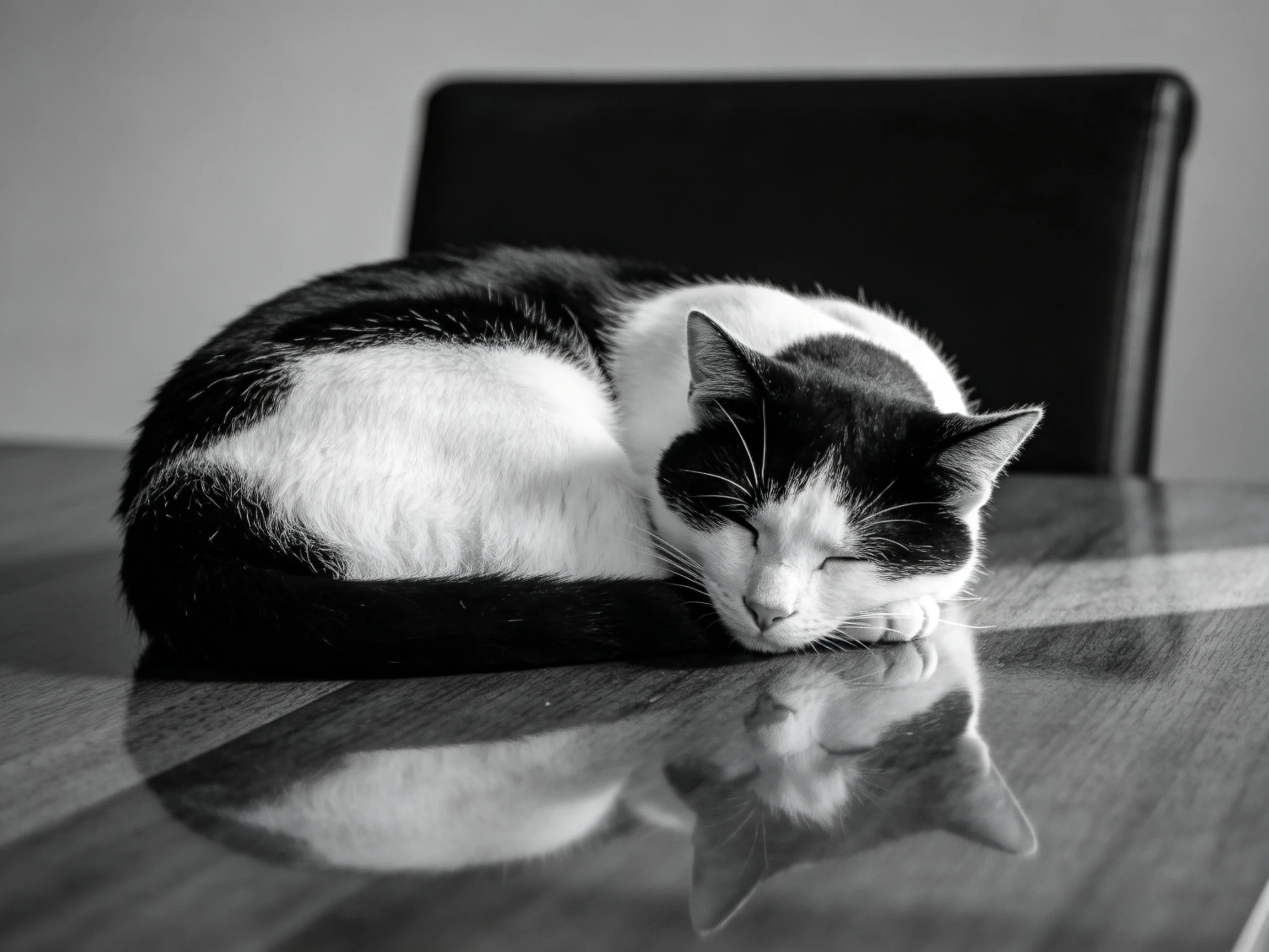 A black - and - white cat curled asleep on a glossy wooden table