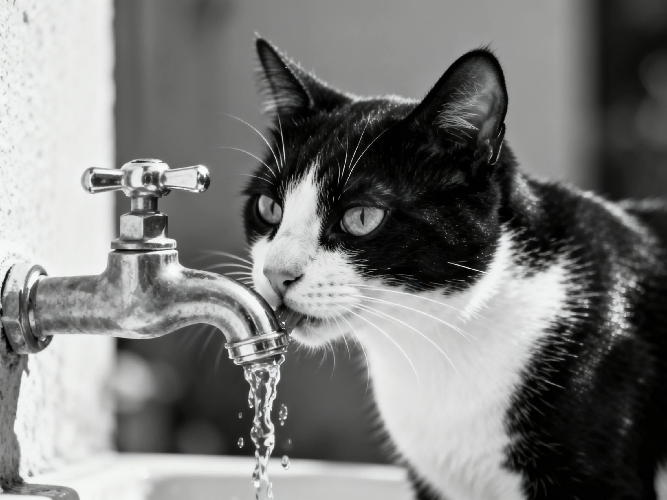 A black - and - white cat drinks water from a metallic faucet.