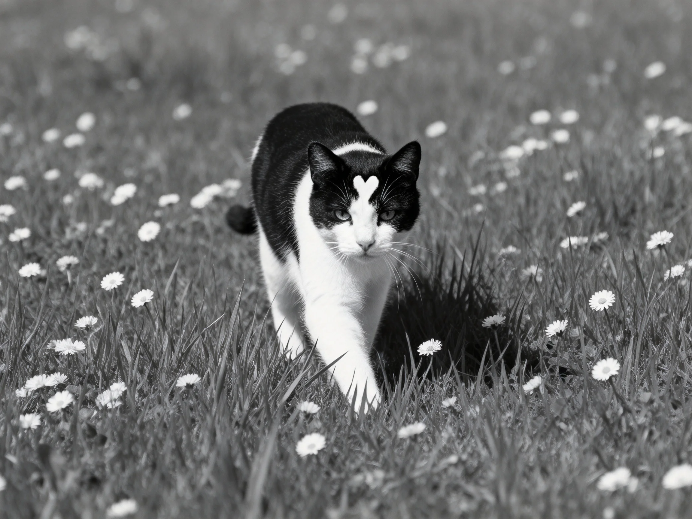 A black - and - white cat traverses a meadow dotted with small white flowers.