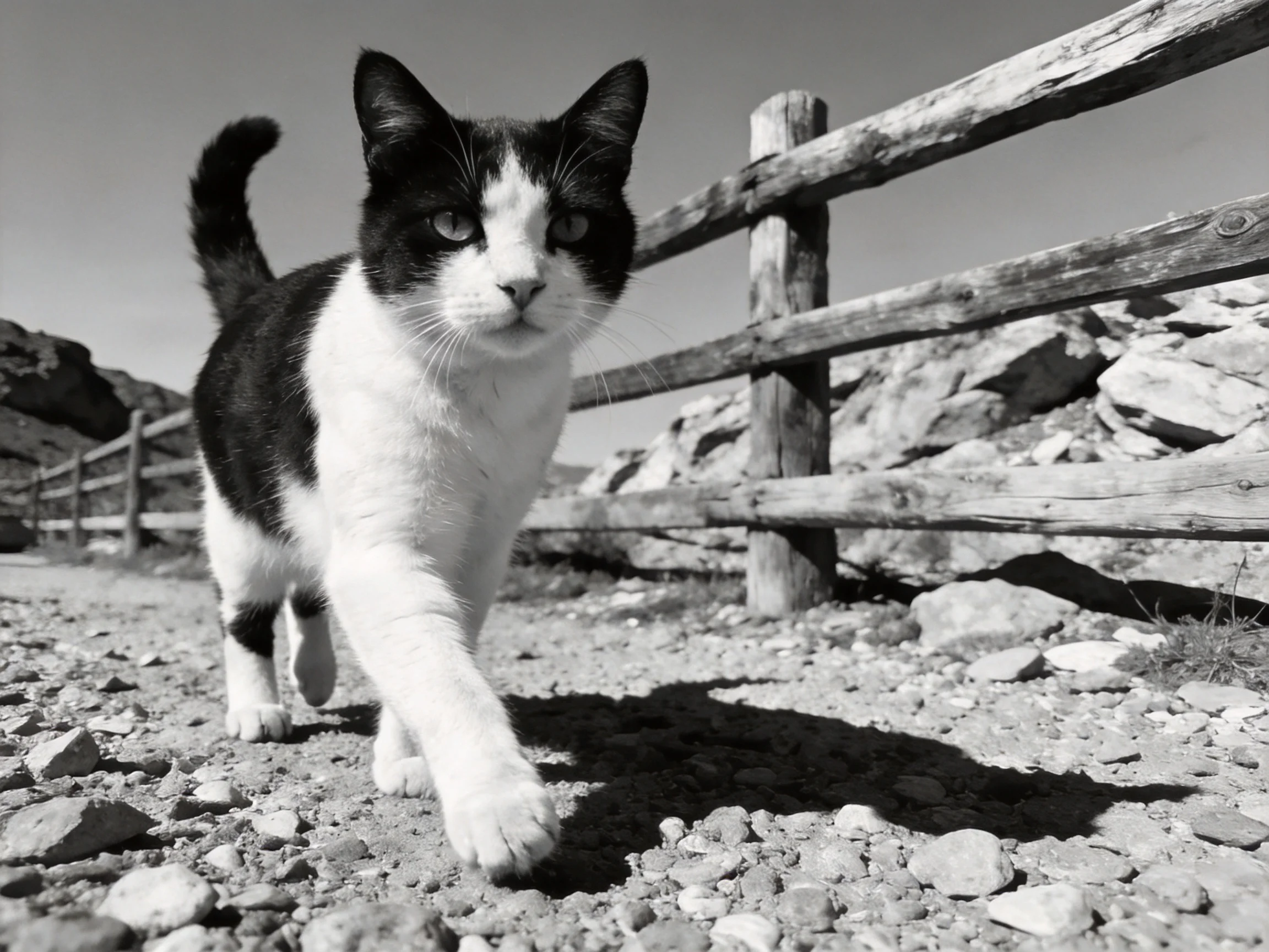 A black - and - white cat explores a gravel path by a wooden fence