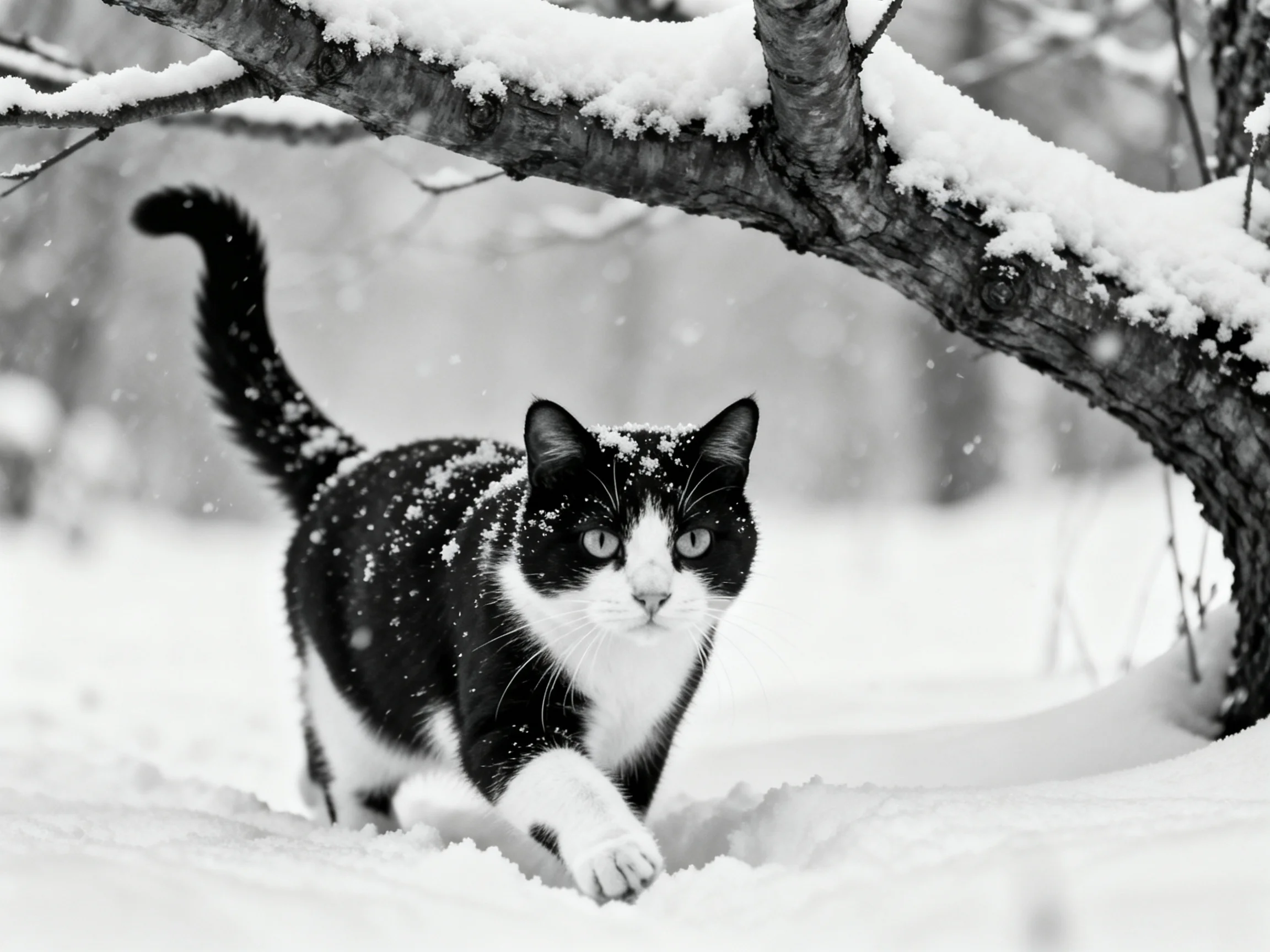 A black - and - white cat explores a snowy landscape beneath a snow - covered branch