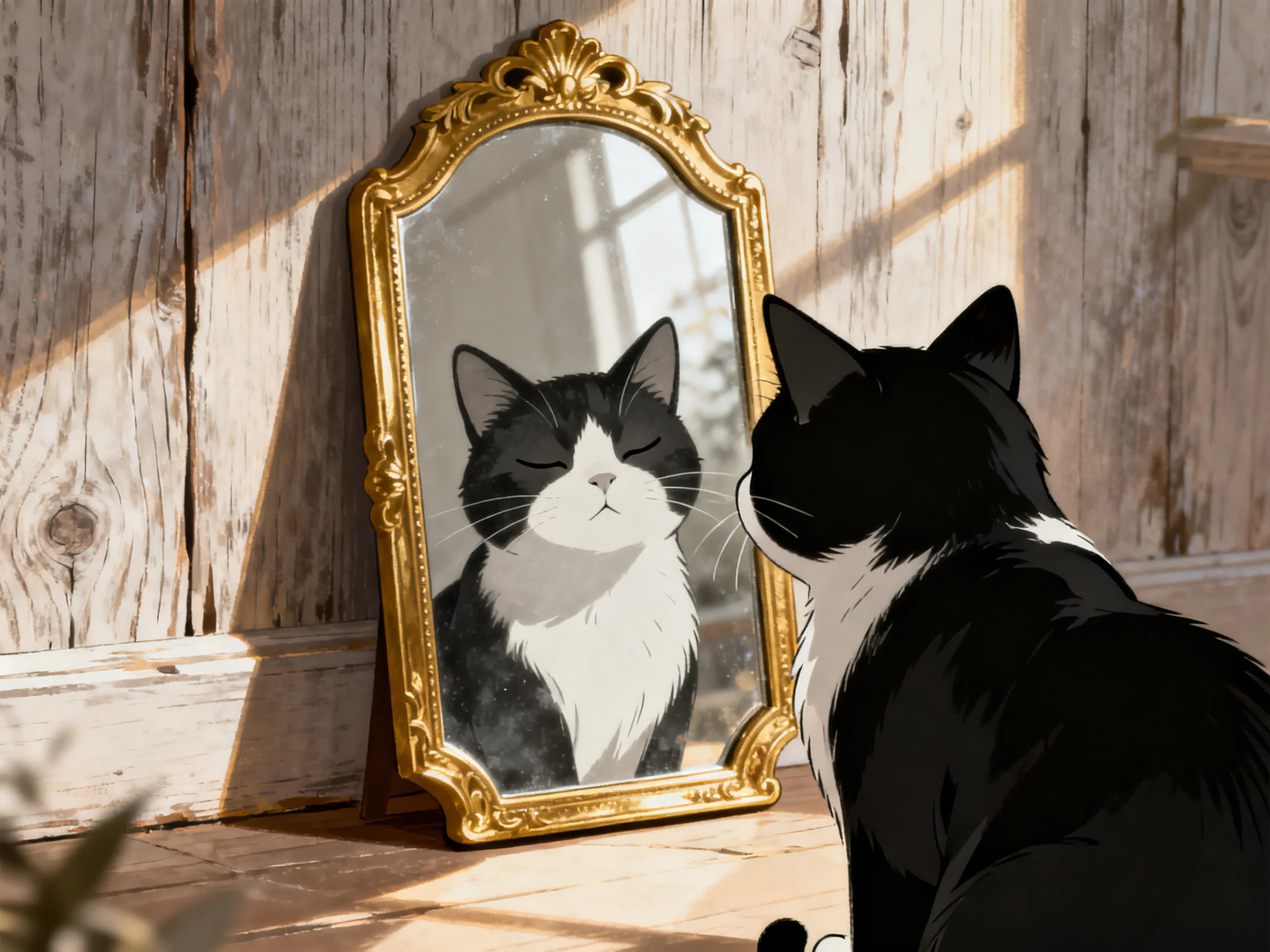 A black - and - white cat gazes into an ornate golden mirror near a weathered wood wall