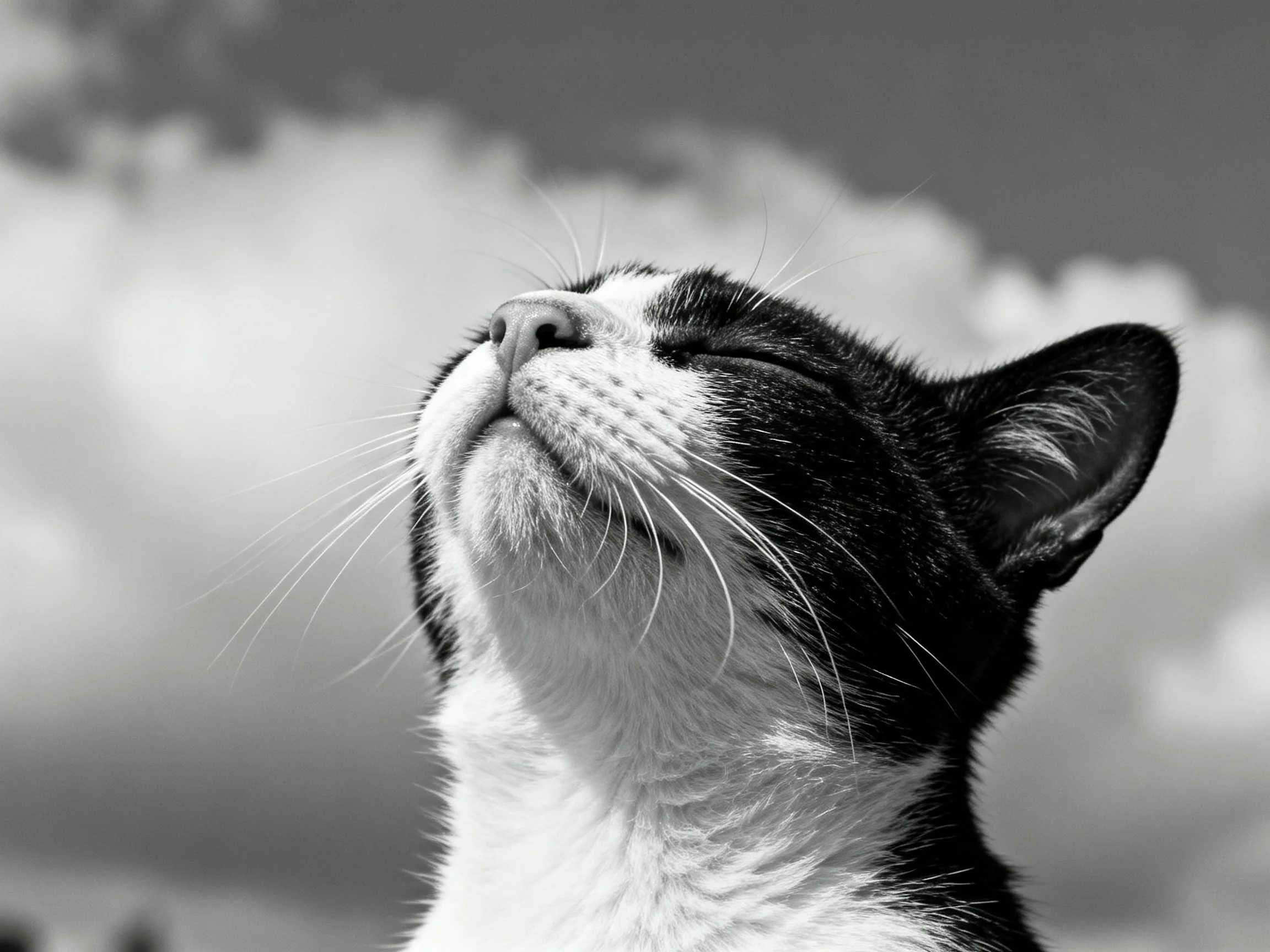 A black - and - white cat gazes upward against a cloudy sky backdrop